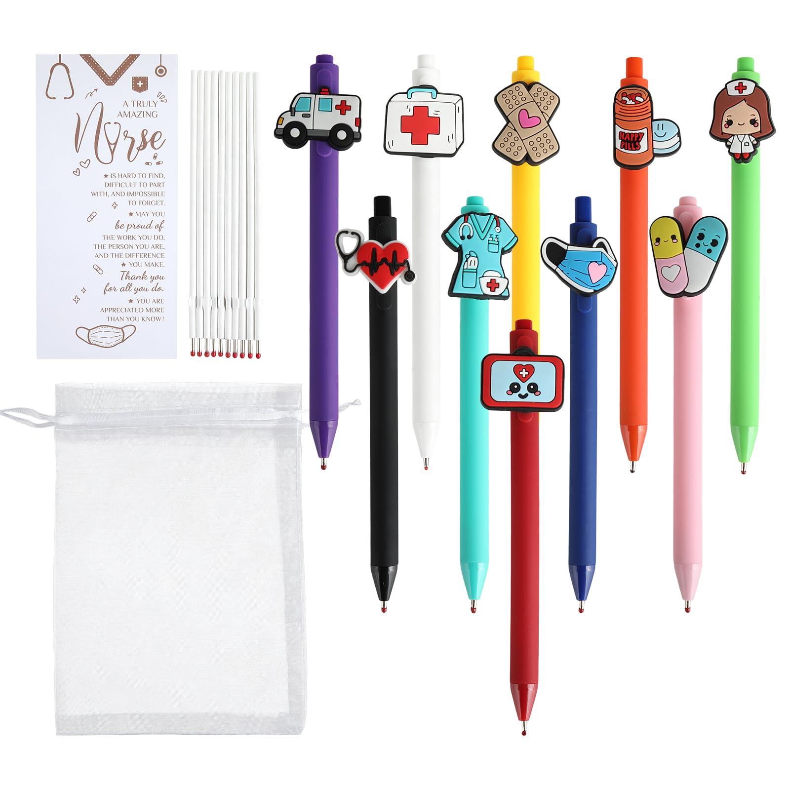 10 Sets Nurse Pens with Appreciation Card, Smooth Writing, Retractable