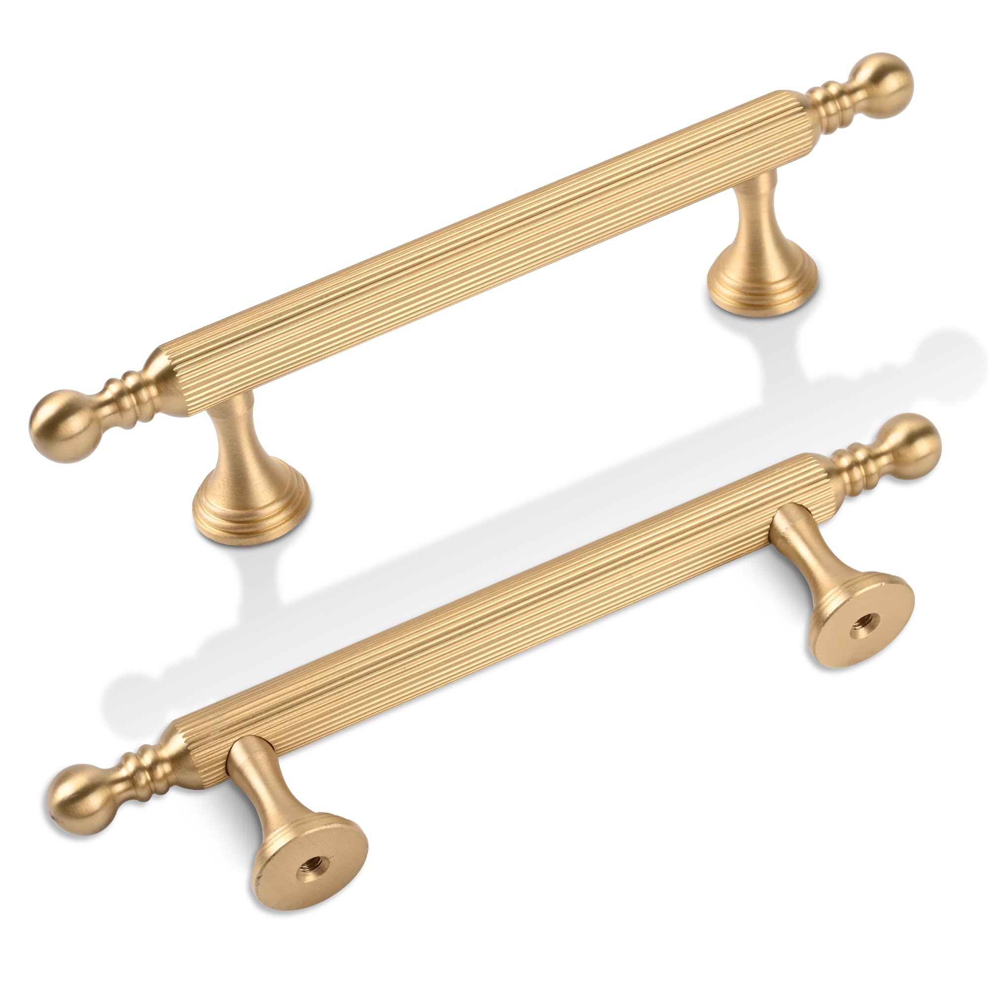 SALISENG-2 Pack Solid Brass Kitchen Cabinet Handles，3-3/4 Inch Gold Dresser Drawer Pulls, Modern Furniture Door Handles for Bathroom Cabinet, Wardrobe and Closet Door