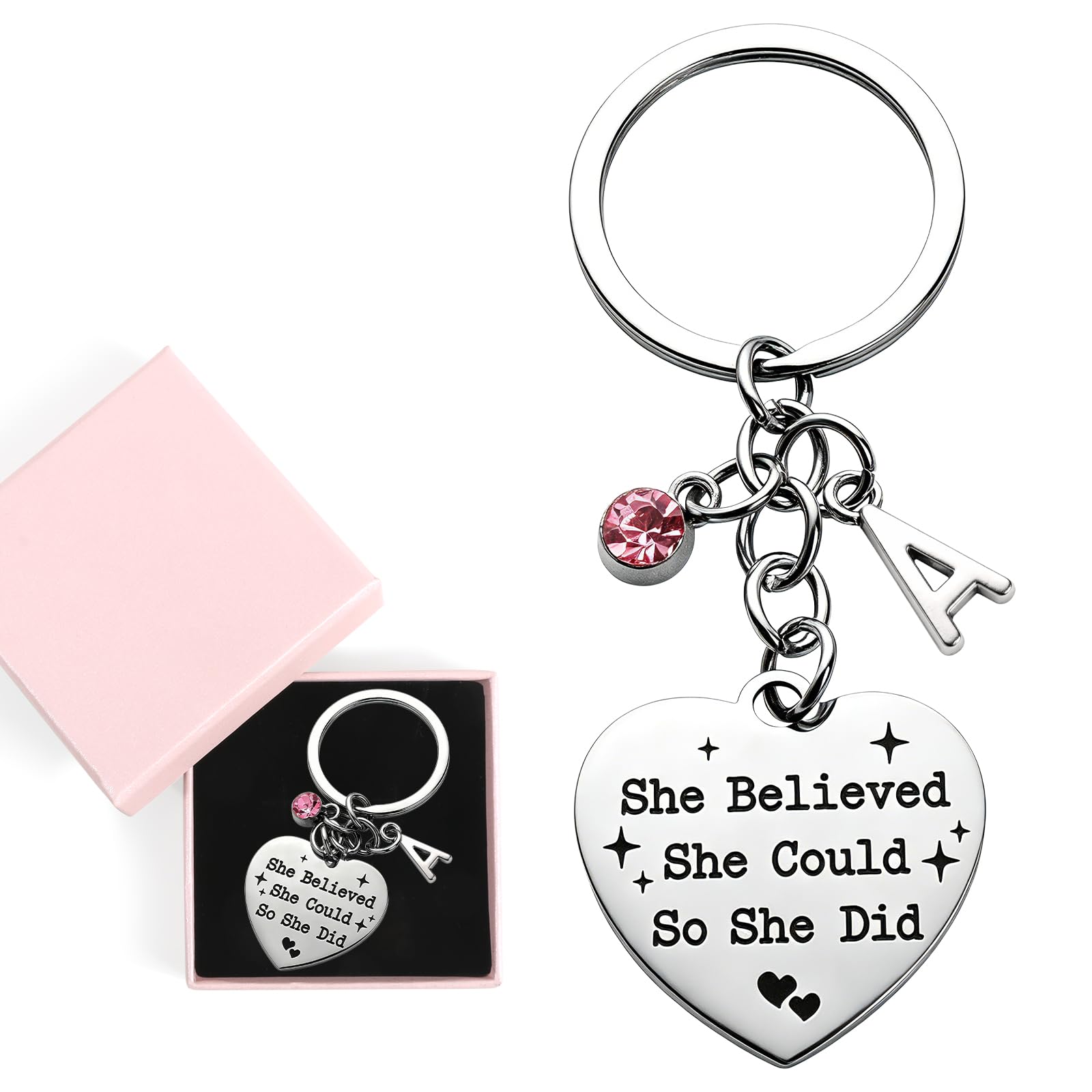 Doorio Women's A Inspirational Keyring, She Believed She Could So She Did Keychain With Box Initial Congratulations Keyring Gift Graduation New Job Passed Driving Test Gift For Girls (A)