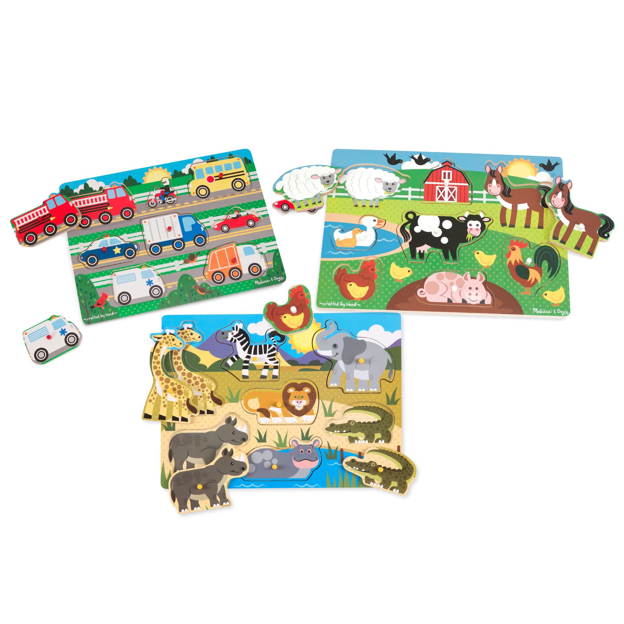 Melissa & Doug Set di 3, Puzzle con Pioli in Legno - Animali della fattoria, Safari e Veicoli, Giochi in legno, Giocattoli per lo sviluppo, 3+, Regalo per bambini e bambine