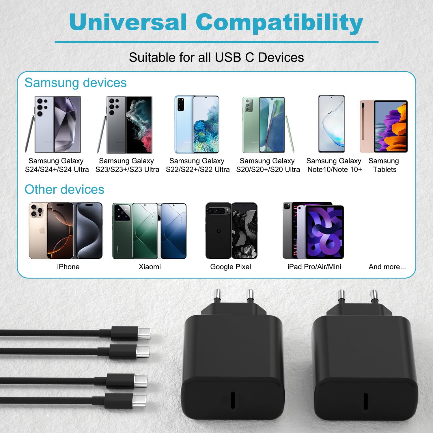 45W Cargador Carga Rapida, 2Pack USB C Cargador Rapido con 2M Cable para Samsung Galaxy S26/S25/S24/S23/S23+/S23 Ultra/S22/S21/S20/Note20/A73/A53/S10, Tipo C Cargado Cabezal Negro — view 6