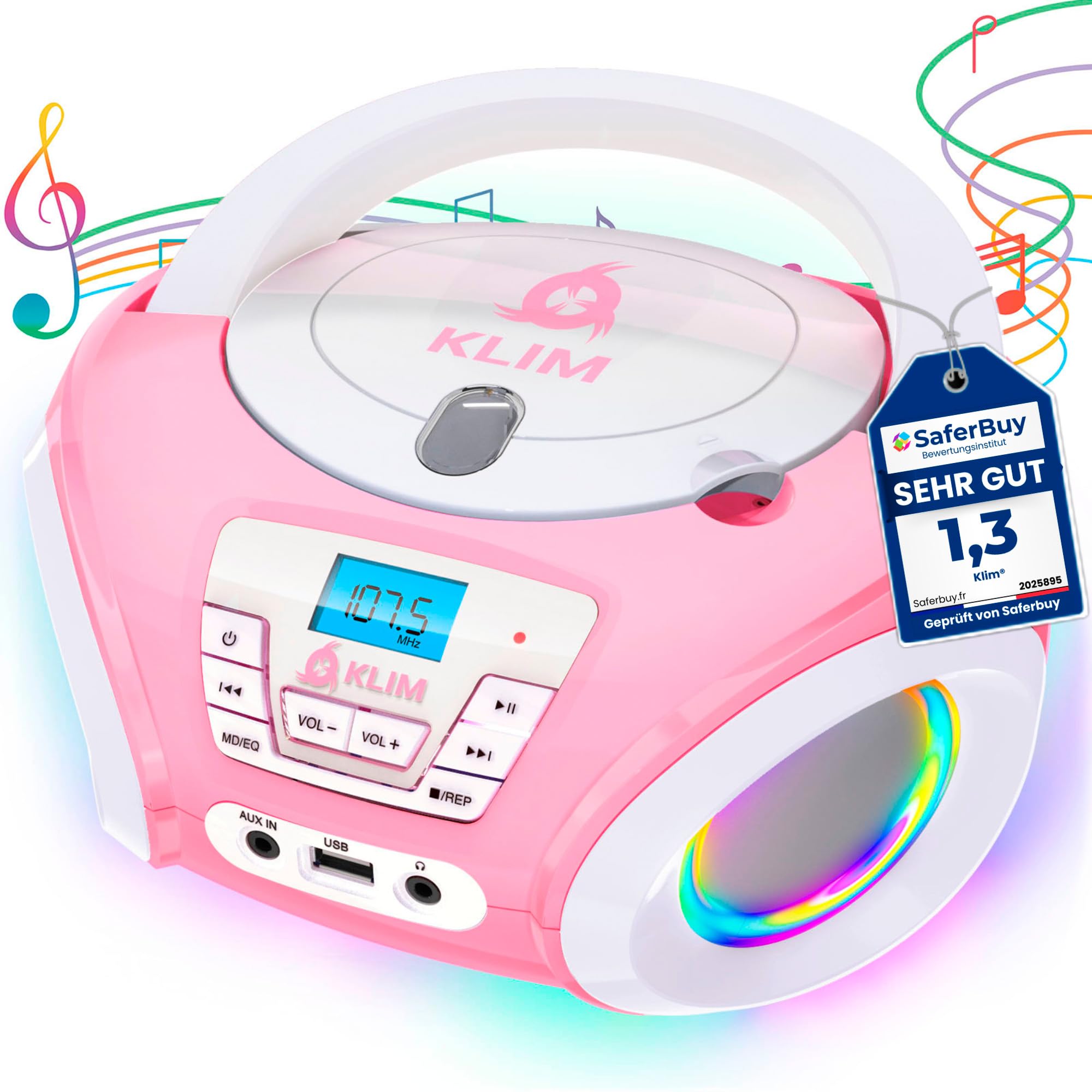 Candy Kids Boombox CD Player für Kinder mit UKW Radio und Lautsprechern | Mit fröhlicher Discofunktion inklusive Batterien und Netzkabel für Kleinkinder, Rose