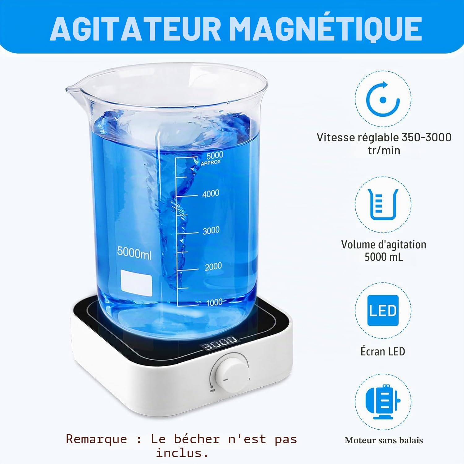 Agitateur Magnétique Digital 350-3000rpm 5L Agitateur Magnétique Numérique Mélangeur Magnétique de laboratoire avec écran LED avec Barreaux d'agitation Magnétiques
