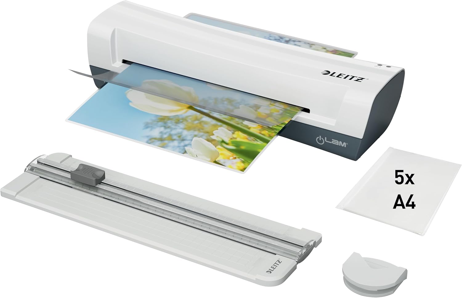 LEITZ iLAM 74340001 4-in-1 Laminating Set with A4 Hot Laminator / 5 Sheets for Laminator/Cutter/Corner Rounder for 80-125 Micron Sheets, White & Grey