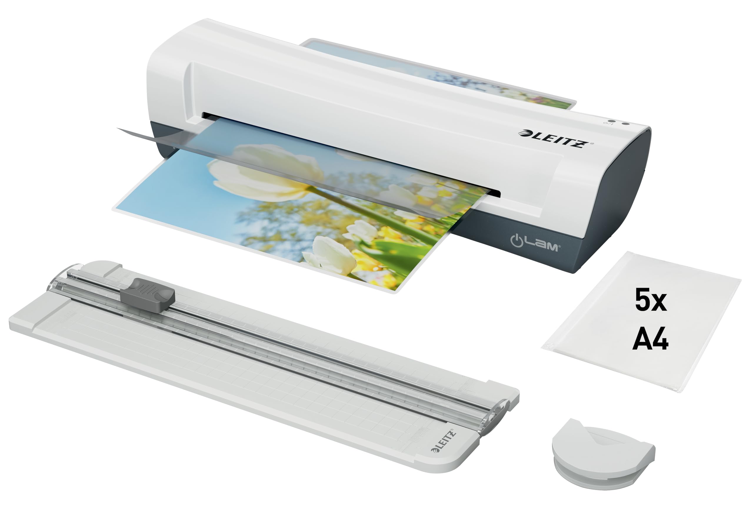 Leitz 74340001 - Plastificadora iLAM Home 4 en 1 A4, Cizalla y Recortadora de Esquinas, Máquina Plastificadora Térmica con 5 Fundas Plastificadoras, 80-125 Micras, para Oficina, Casa y Colegio