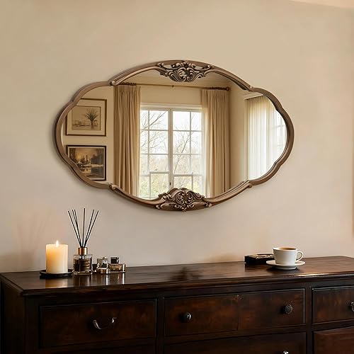 Besdomus Espejo de Pared Dorado Vintage: 33"x19.5" Espejo Grande Barroco Antiguo - Espejos Decorativos Ornamentados Tradicionales de Latón para