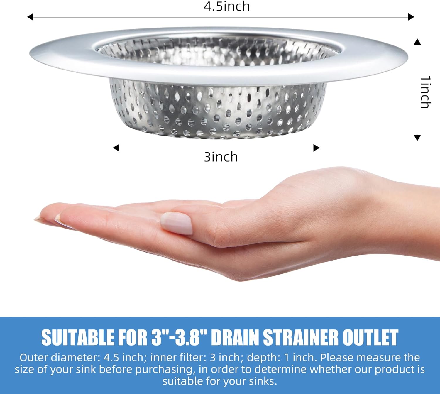 Kitchen Sink Strainer Stainless Steel, LASSHSWA Kitchen Sink Drain Strainer, Sink Strainers for Kitchen Sinks with Large Wide Rim 4.5" Diameter (2)