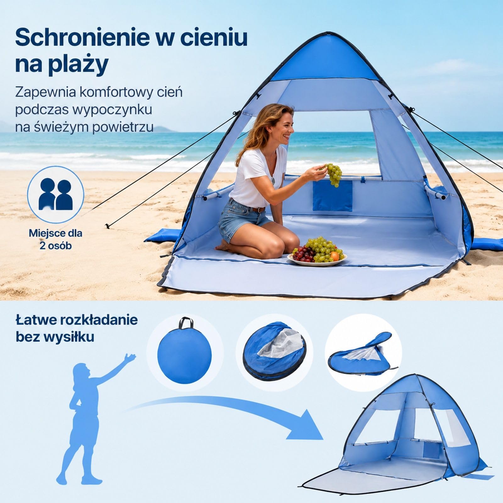 Przenośny namiot plażowy dla 2 osób z torbą transportową, metalowymi słupkami, na kemping, wędkowanie, piknik