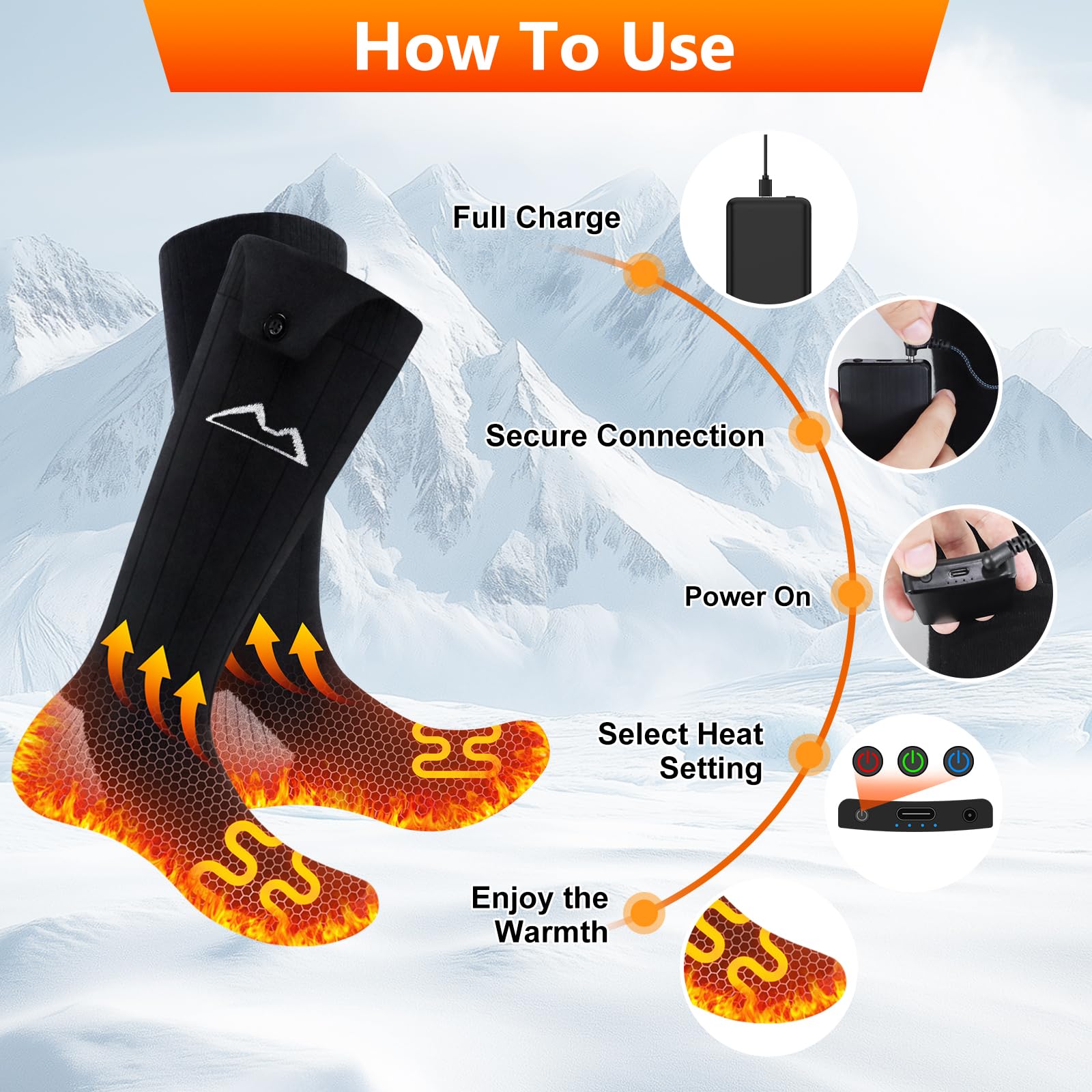 Chaussettes chauffantes pour homme et femme, chaussettes électriques pour homme et femme, lavables en machine, parfaites pour la chasse, le ski, la randonnée
