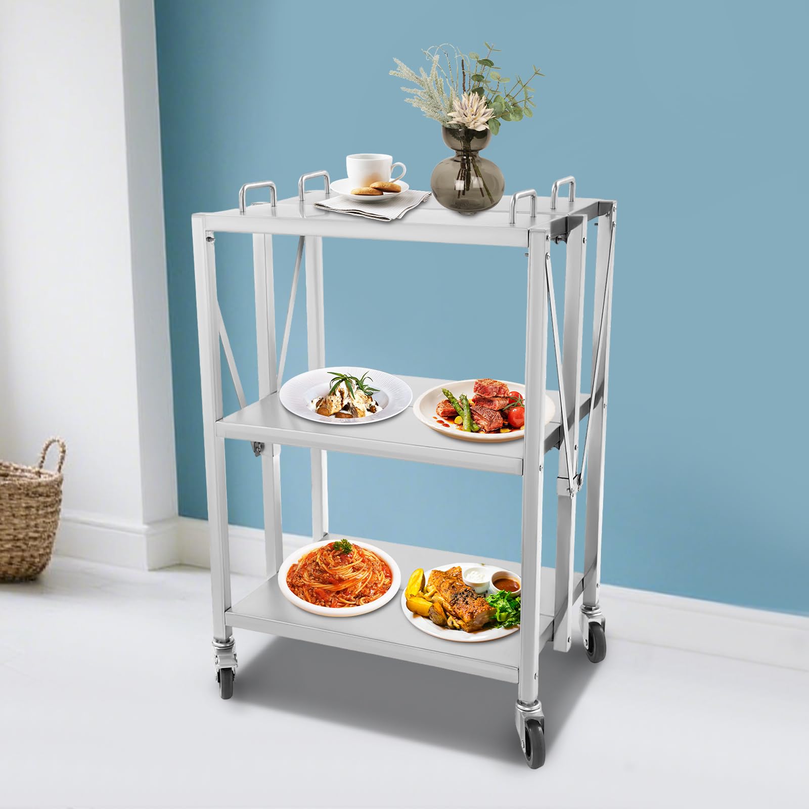 Carro de servir con ruedas, 3 niveles plegable de acero inoxidable, mesa giratoria de metal resistente, carrito de cocina con encimera y asas de acero inoxidable, ideal para restaurante, cocina y