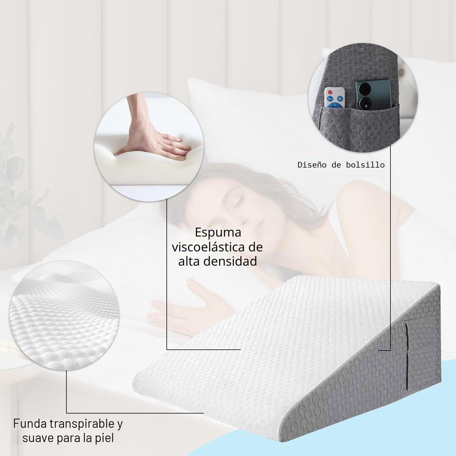 Almohada de Cuña Ortopédica 50×50×26cm – Cojín Memory Foam Antirreflujo para Adultos y Bebés, Apnea del Sueño, Ronquidos, Lectura y Recuperación Postoperatoria – Incluye Antifaz 3D