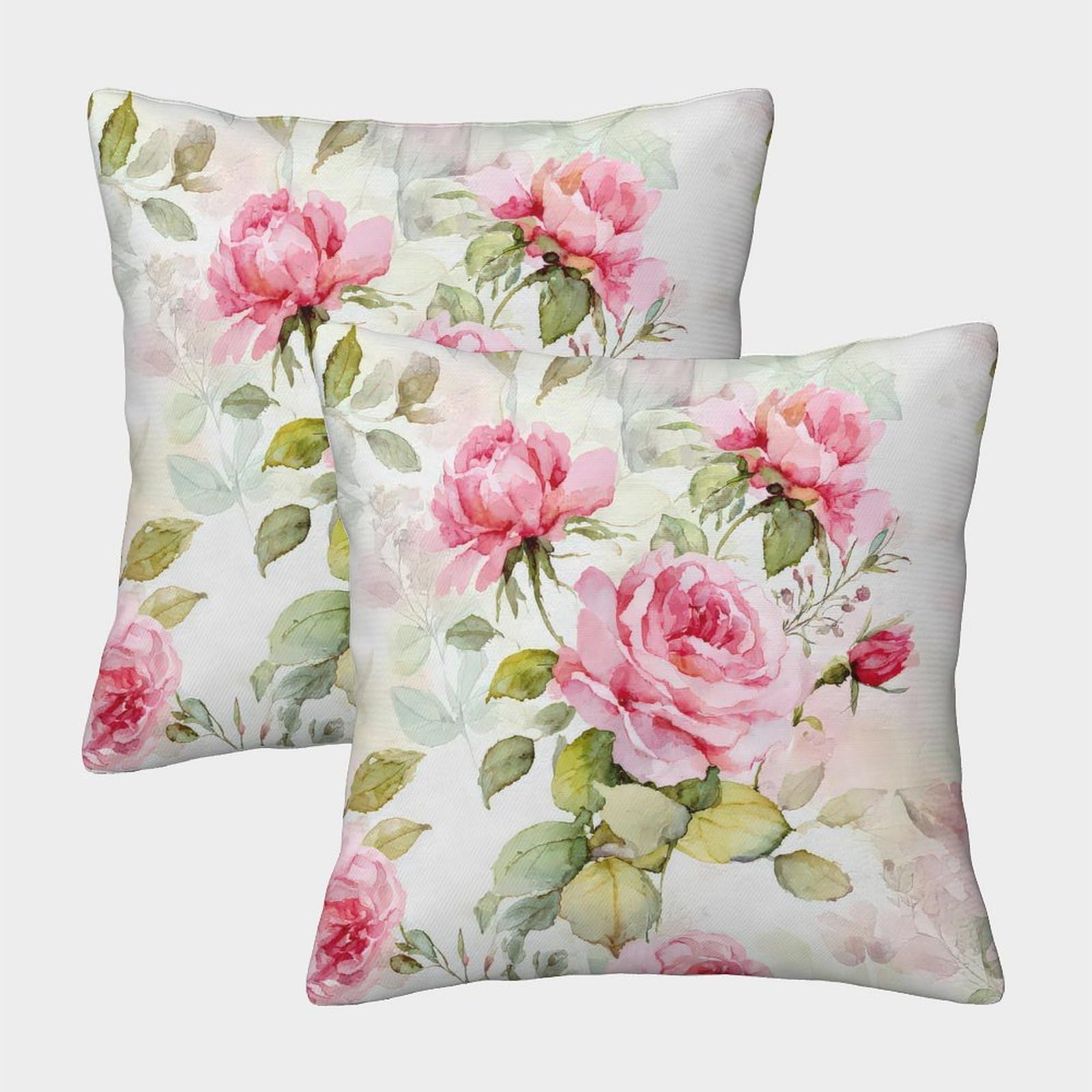 FELASBUID Pink Roses—Watercolor Floral Design Pillow Covers 2 Pack Cozy Pillowcase Cushion Covers with Invisible Zipper Decor Sofa for Living Room Bedroom 45x45cm