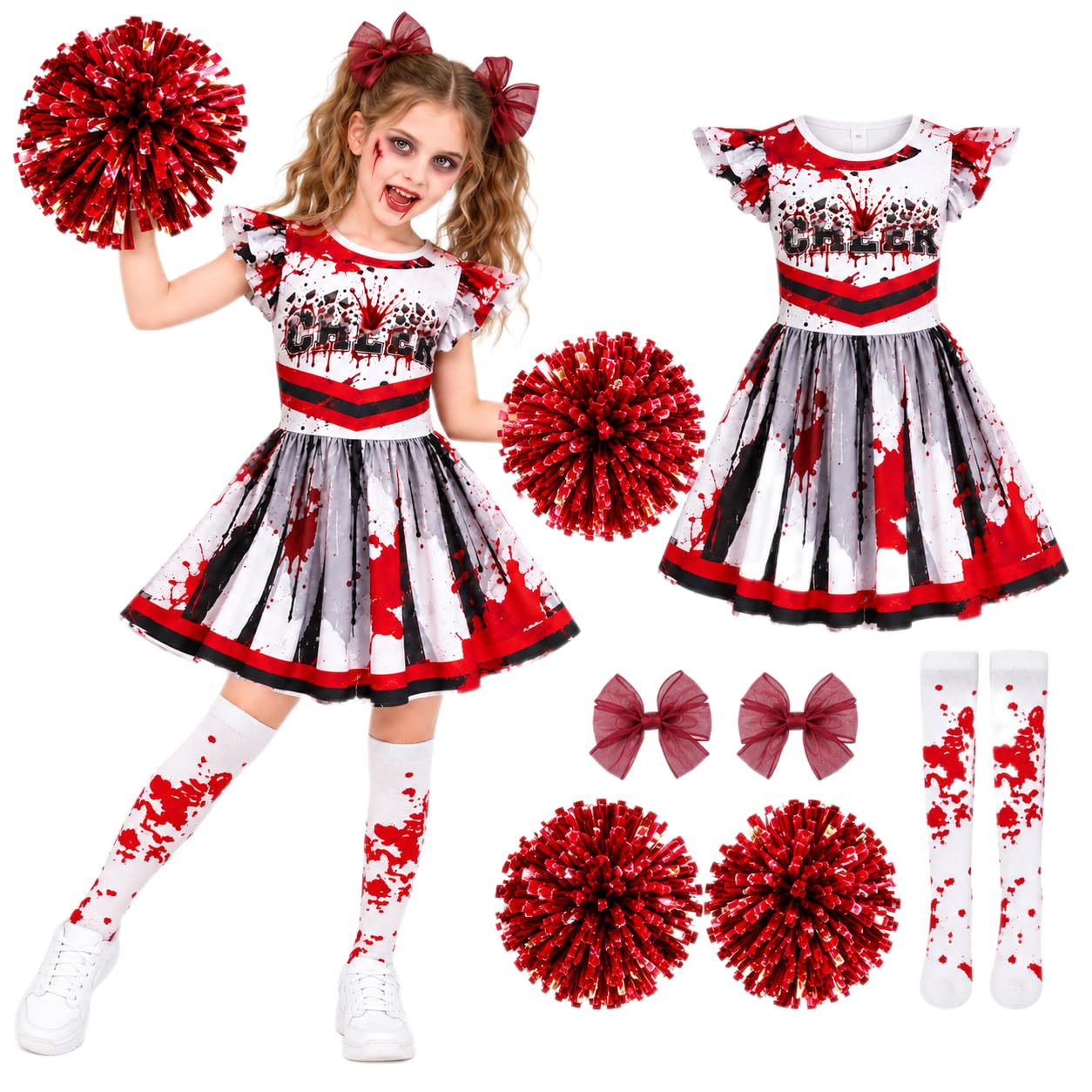 5PC Girls Zombie Cheerleader Costume for Girls Halloween Costumes