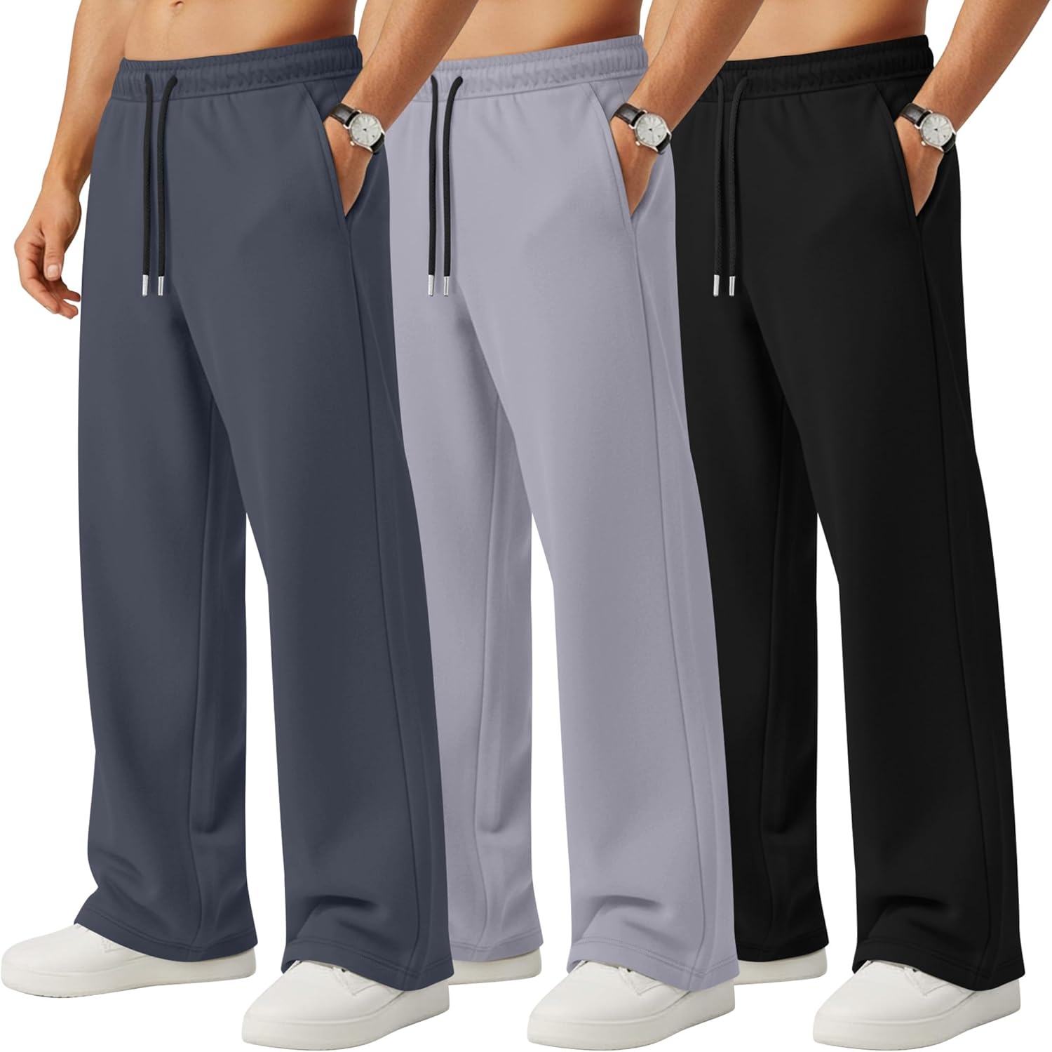 Neer 3 Pack Men's Sweatpants Lightweight Athletic Drawstring Open Bottom Pants Workout Running Lounge Pants with Pocket