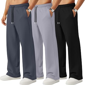 Neer 3 Pack Mens Sweatpants Lightweight Athletic Drawstring Baggy Open Bottom Pants Workout Running Lounge Pants with Pocket