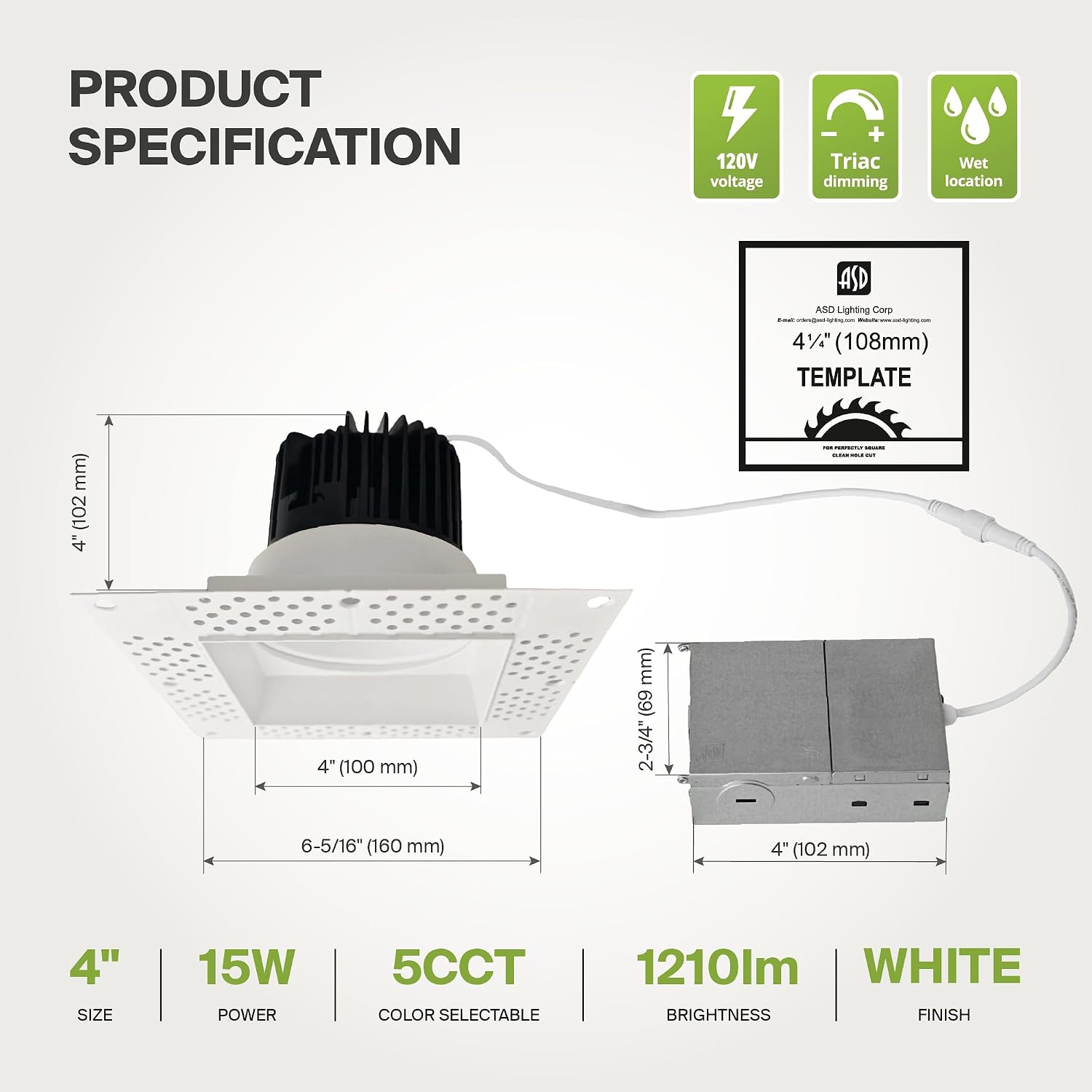 ASD Trimless LED Recessed Lighting 4 Inch, 15W 120V Square Commercial Downlight, Canless Dimmable Lights for Ceiling with J-Box, 5 CCT 2700K-5000K, CRI 90+, IC Rated, ETL, Energy Star, White