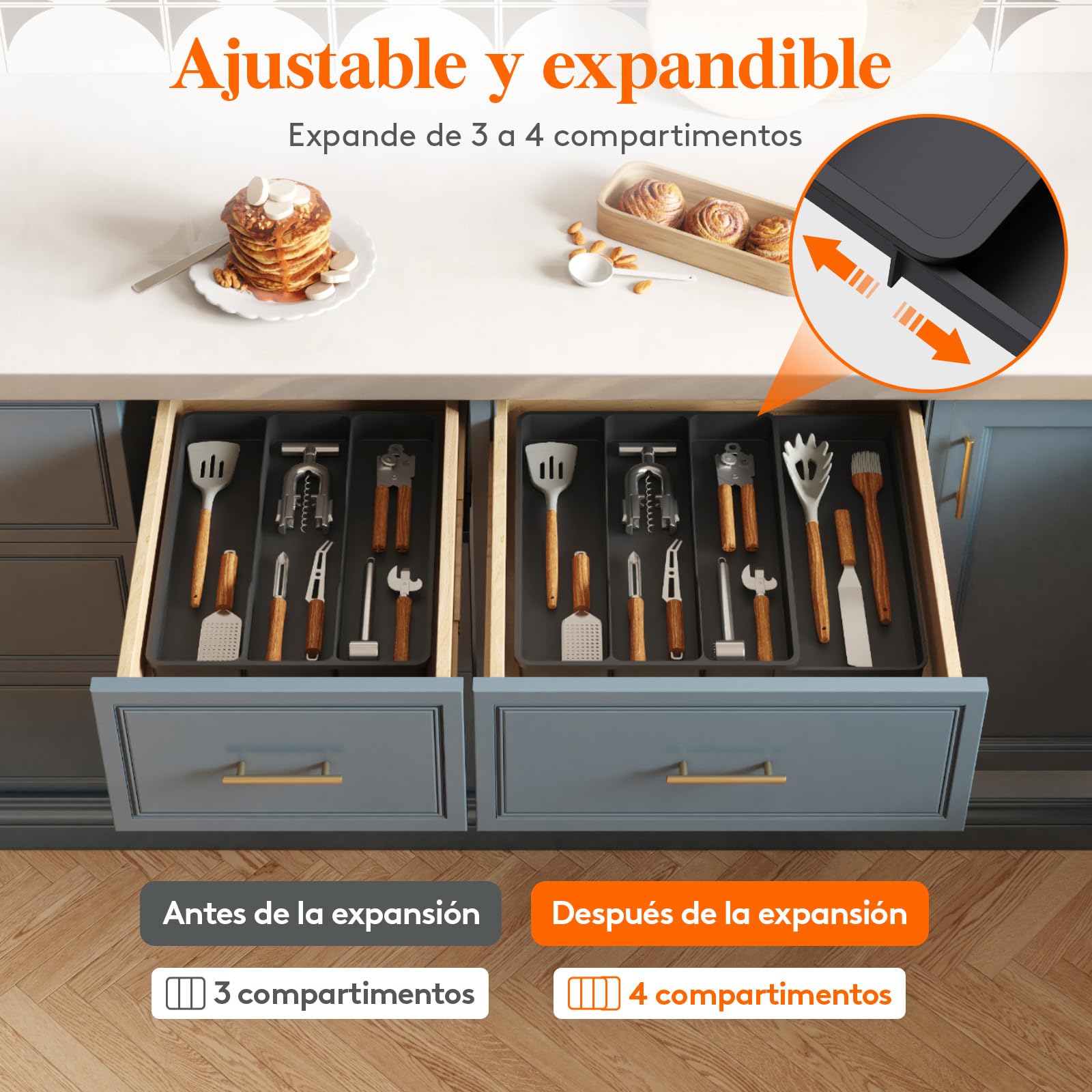Lifewit Organizador Menaje de Cocina, 3 Compartimentos Bandeja Cubiertos Extensible Cajon y 4 Compartimentos Soporte Utensilios para Encimera, Separador Herramientas para Bandeja Armario, Negro