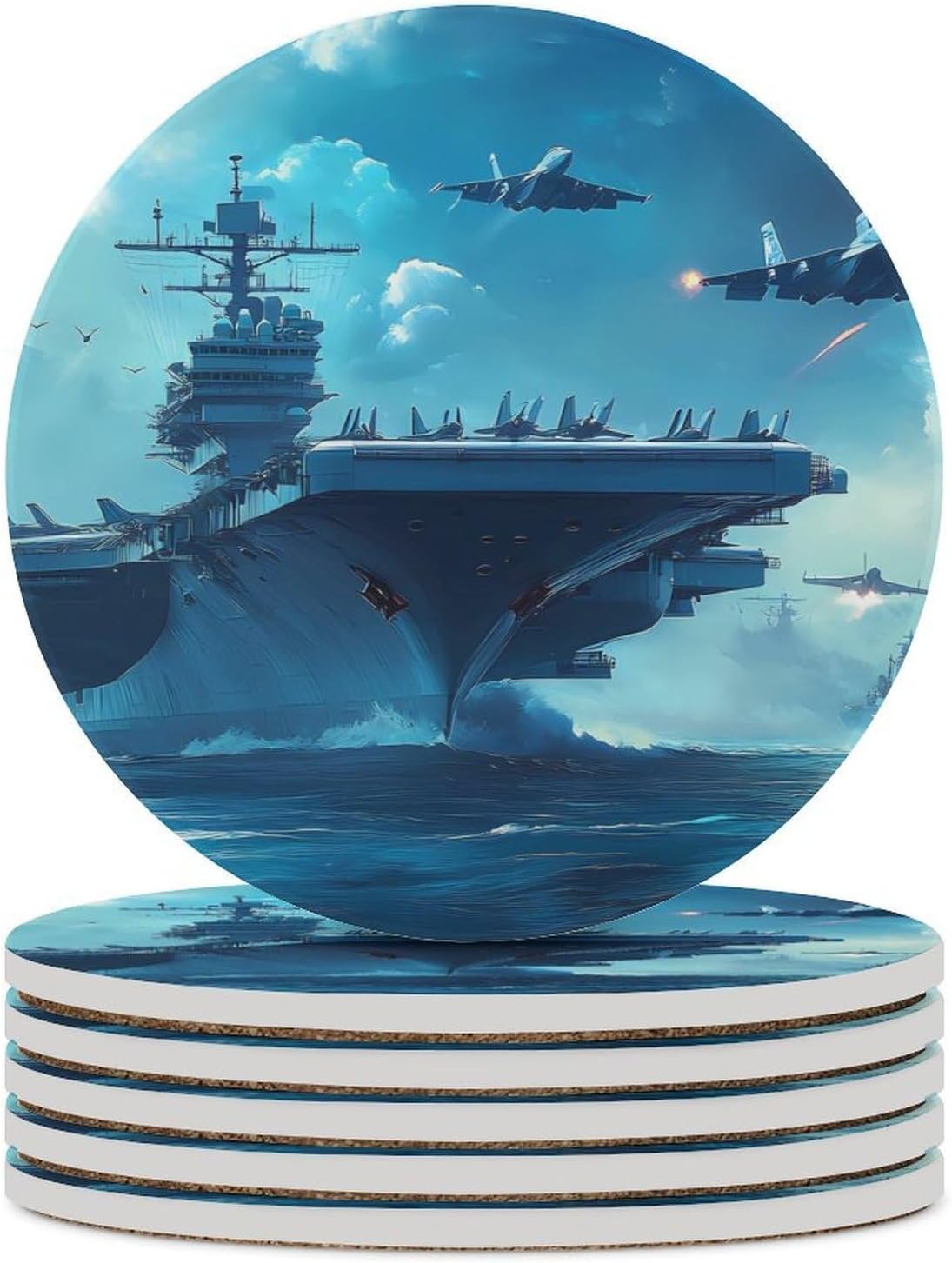 Military USS Enterprise Ship Funny Round Ceramic Coasters for Drink Absorbent Cup Holders Tabletop Protection