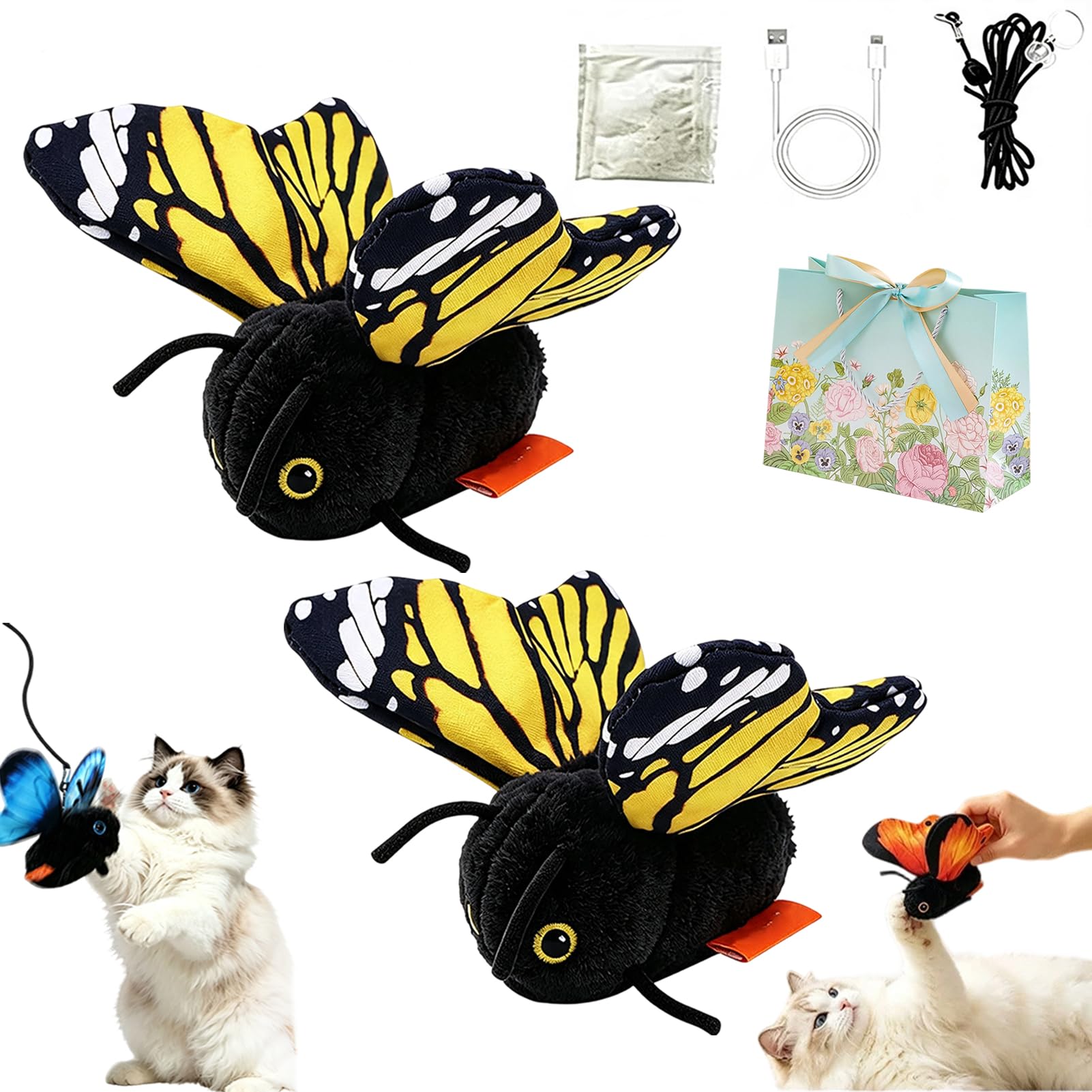 Smart Sensing Flapping Butterfly Toy, Interactive Electric Cat Toy (2PC-A)