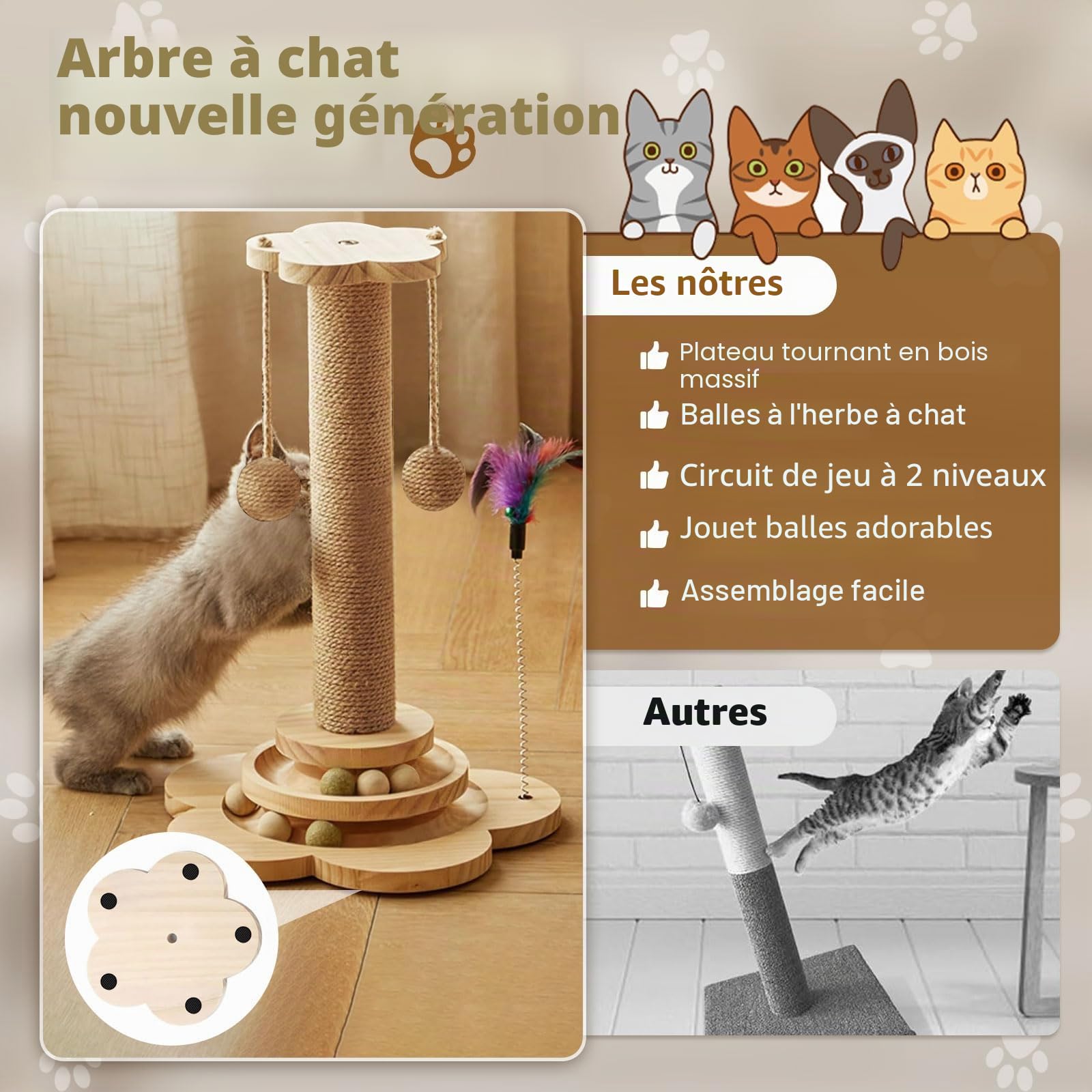Arbre à chat en sisal naturel – Grattoir robuste pour petits chats d'intérieur – Jouet pour chaton avec griffoirs, plateforme de jeu et jouets – Assemblage facile – Design peu encombrant (45 cm de