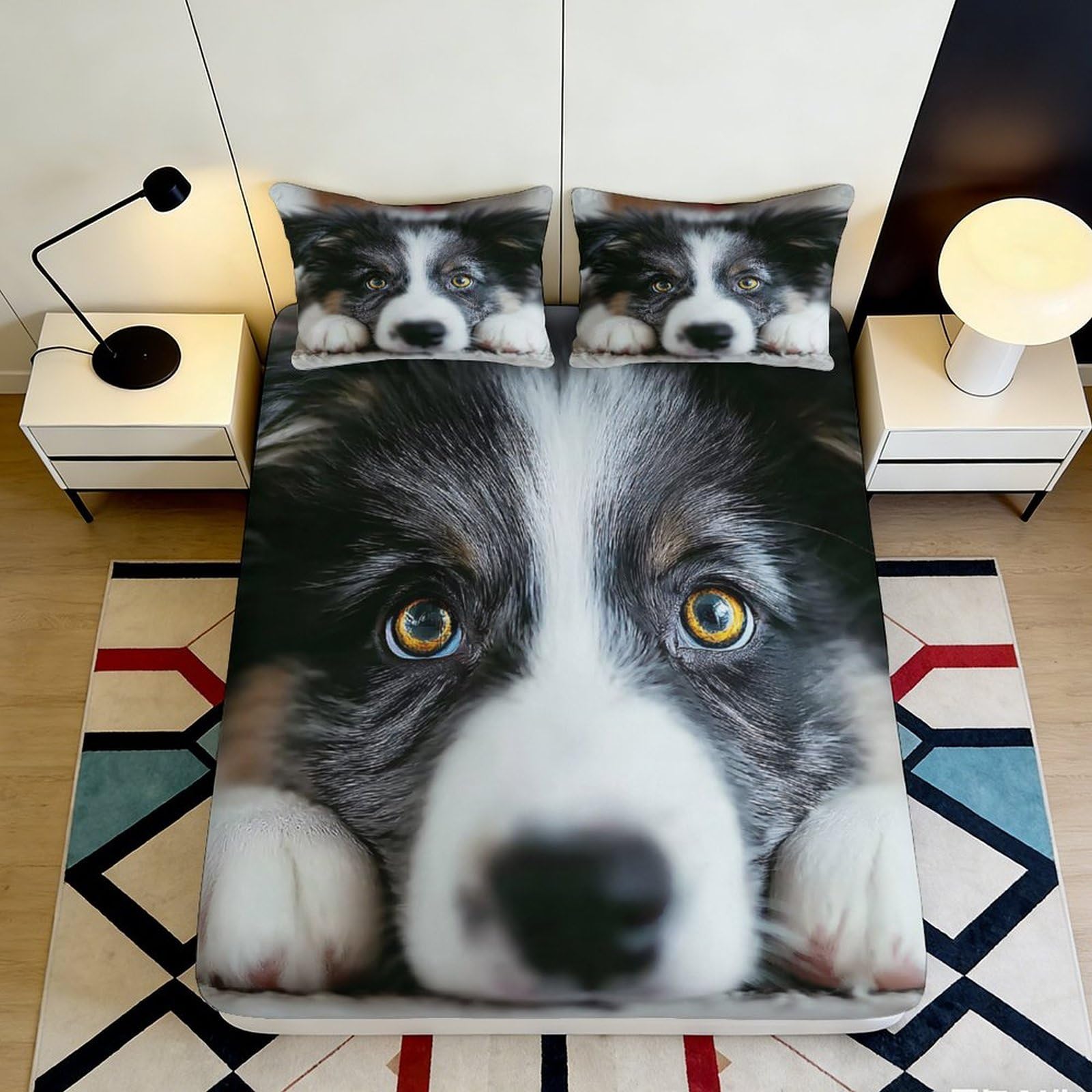 3D Printed Border Collie Dog Fitted Sheet Microfiber Soft Durable Black White Bed Cover for Bedroom Dormitory Guest Room Mattress Protection 120x200x25cm
