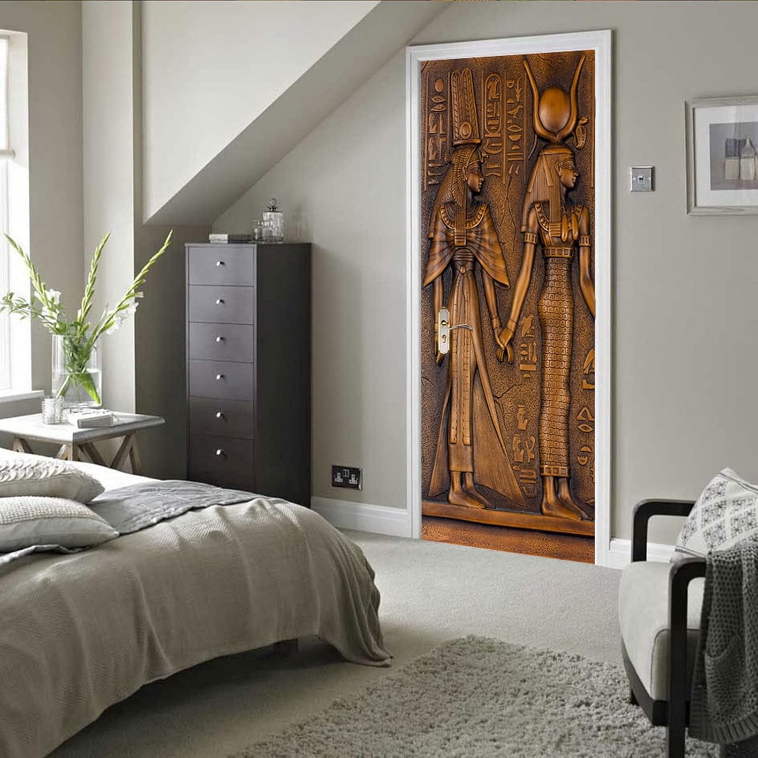A.Monamour 3D Door Stickers for Interior Doors Ancient Stone Carved Egyptian Hieroglyphics Mural Art Vinyl Waterproof Self Adhesive Door Mural Decals for Bedroom Office Bathroom 90 x 200 cm