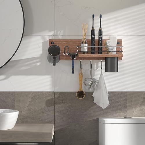 Miniatura 6 de Soporte de madera para secador de pelo montado en la pared, organizador de herramientas de pelo de baño, estante de soporte para secador, rizador y