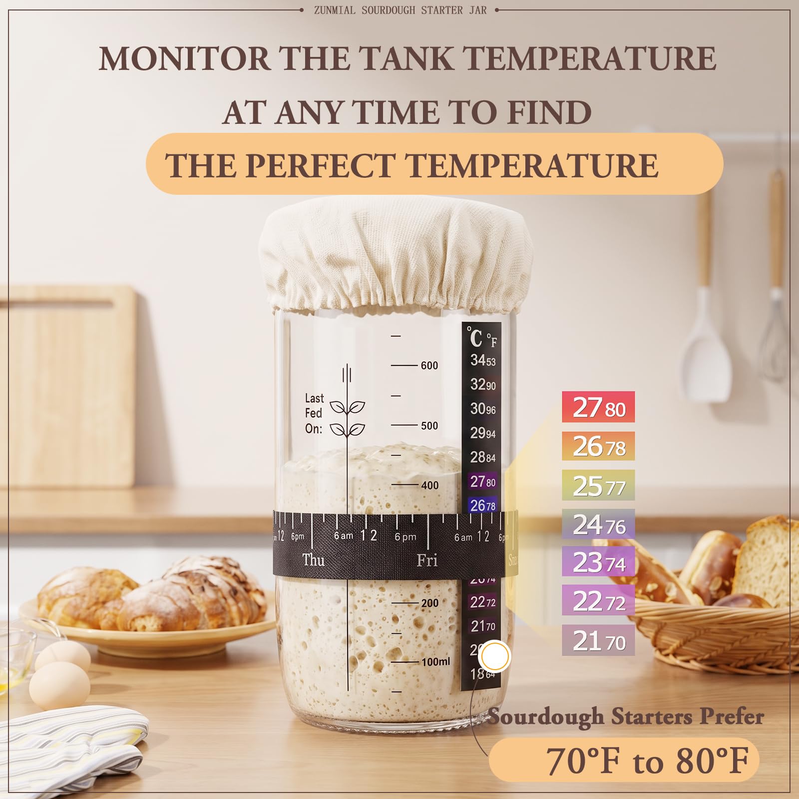 zunmial Sauerteig-Starterglas, 2-teiliges Sauerteig-Starter-Set mit Datumsmarkierung, Thermometer, Stoffabdeckung und Metalldeckel, wiederverwendbares Sauerteig-Brot-Backzubehör, Backzubehör für