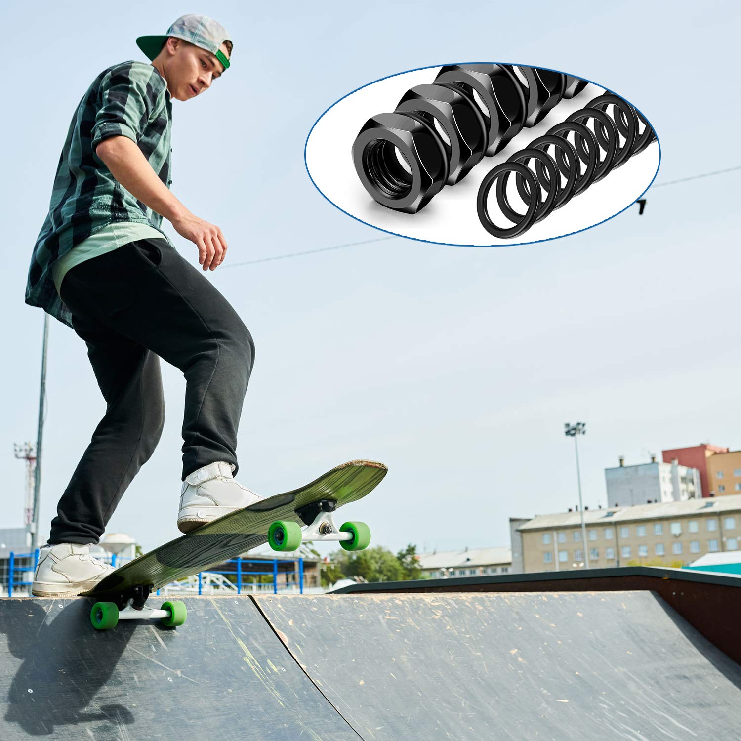 16 Pieces Skateboard Truck Nuts and 16 Pieces Skateboard Truck Axle Washers for Longboards and Hardware Kit (Black)