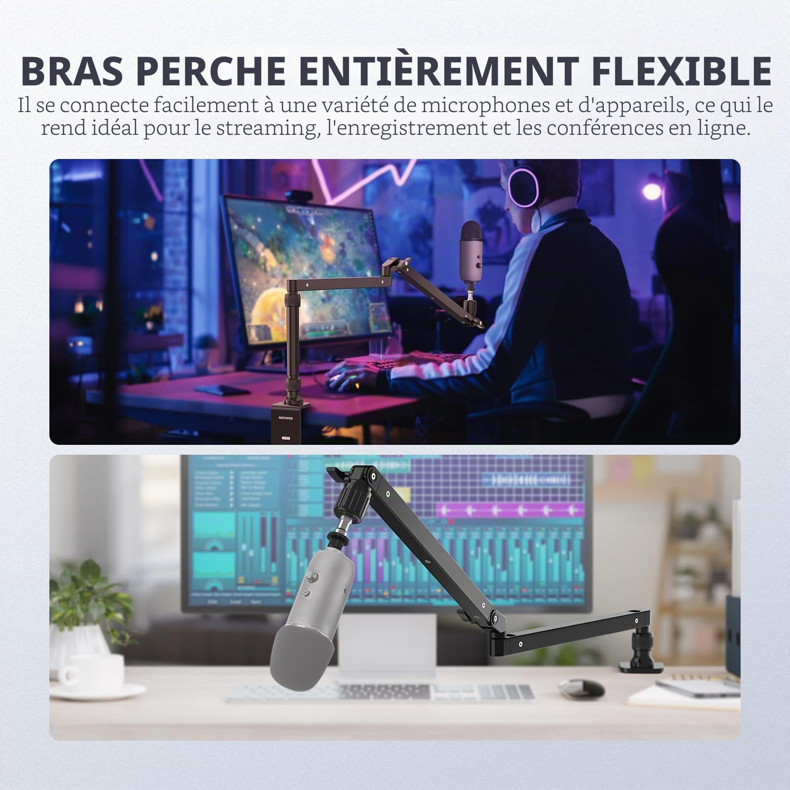 NEEWER MST002 Support de bureau à profil bas avec amortissement, bras articulés pivotants à 360 ° avec poteau de hauteur et canaux de gestion des câbles pour microphone, baladodiffusion