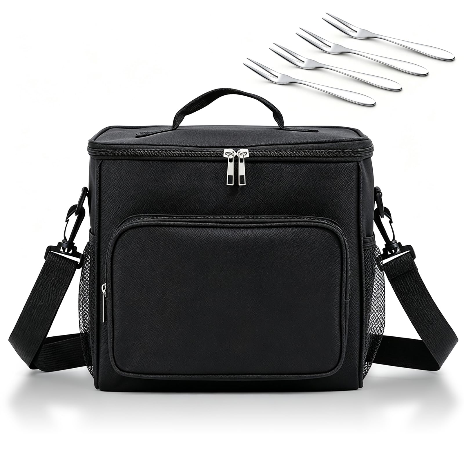 lmytdo Lunch Bag for Men Women, 10L Large Lunch Box Insulated Cooler Bag Waterproof Leak-Proof Thermal Lunch Bag with 4 Fruit Forks for Adults Kids School Outdoor Picnic Work (Black)