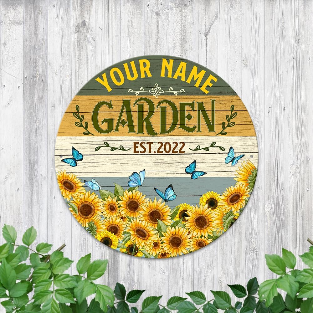 MeMate Metal Garden Signs - Personalized Garden Signs Outdoor Decor - Custom Name Year Metal Sign for Garden, Potting Shed with Flower - Sunflower Vintage Garden Sign - Custom Sign Plaque for Garden Decoration