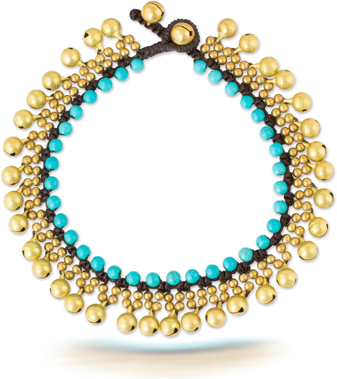 NOVICA Artisan Handmade Brass Calcite Anklet with Blue Jingling Bells Turquoise Gold Tone Brown Beaded Thailand Scuba [9.75 in min L x 10.5 in max L x 0.8 in W] ' Blue Bells'