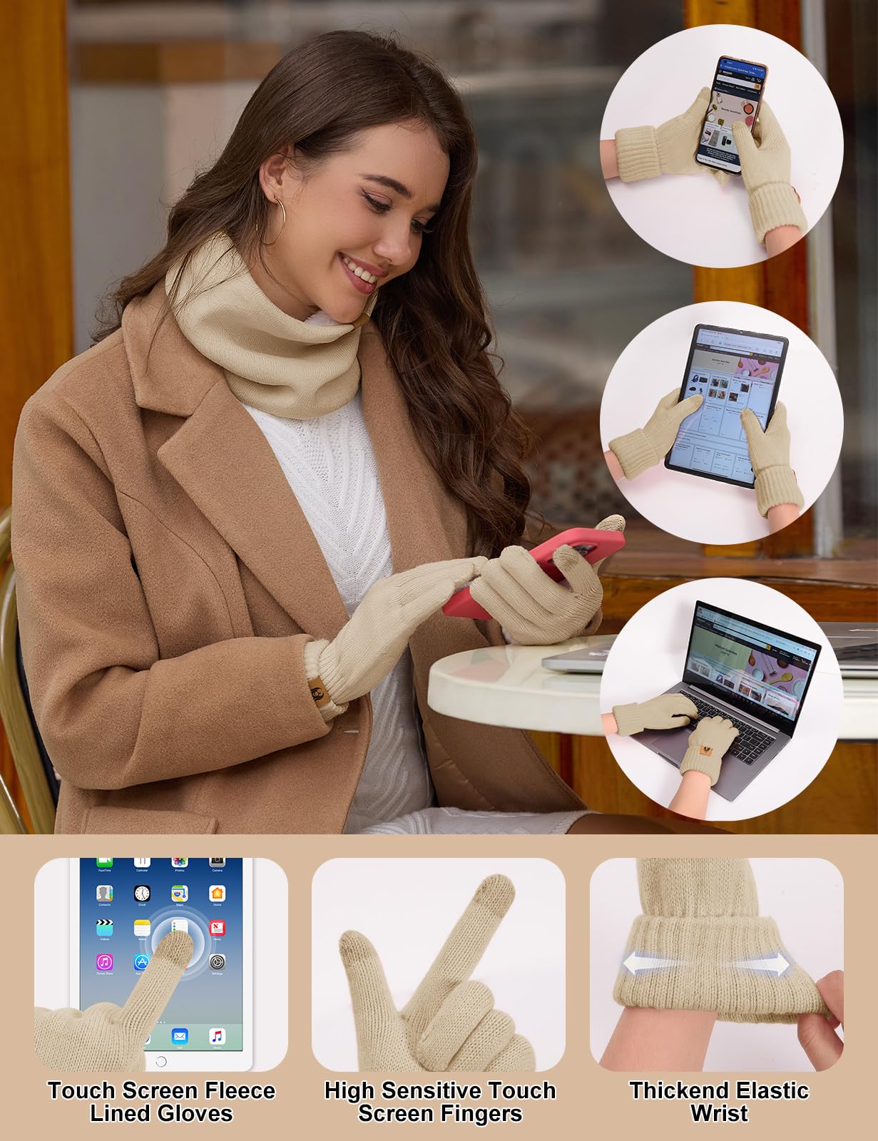 UMIPUBO Gorro Bufanda y Guantes Set 5PCS Mujer Invierno Gorro Conjunto Sombreros Bufandas Cálida Caliente Pantalla táctil Guantes Orejeras de Felpa Calcetines Térmicos 5 Piezas Set