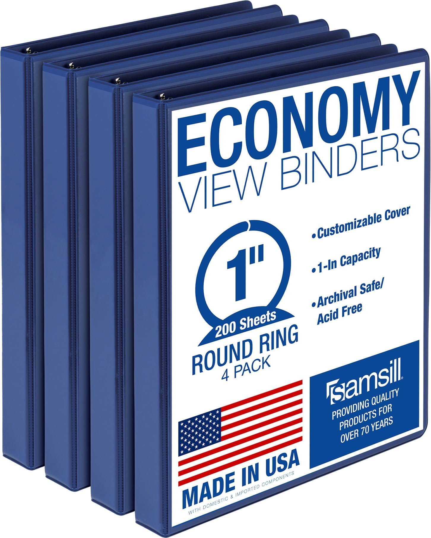 Samsill 1 Inch 3 Ring Binders, Made in USA, Economy Round Ring, Clear View Cover, 200 Sheet Capacity - for School, Home, Office - Blue, 24 Pack