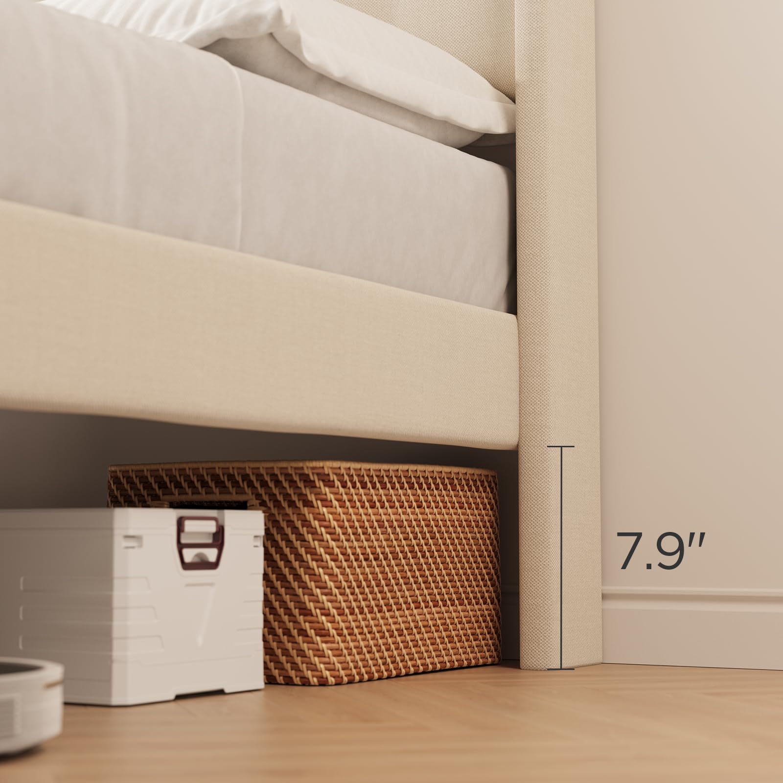 Close-up view of 7.9 inch under-bed storage space with storage bins