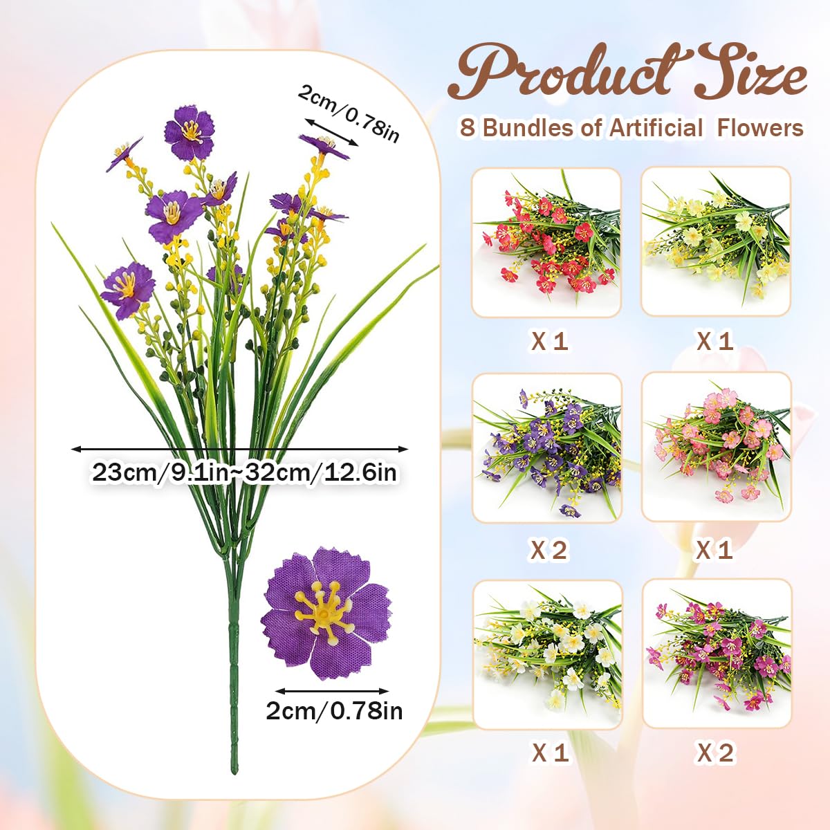 8 Piezas Flores Artificiales Exterior, Arbustos Resistentes a los Rayos UV, Plantas Artificiales Exterior, Flor Falsa Decorativas Exterior para Jarron, Jardinera, Balcon, Centro de Mesa