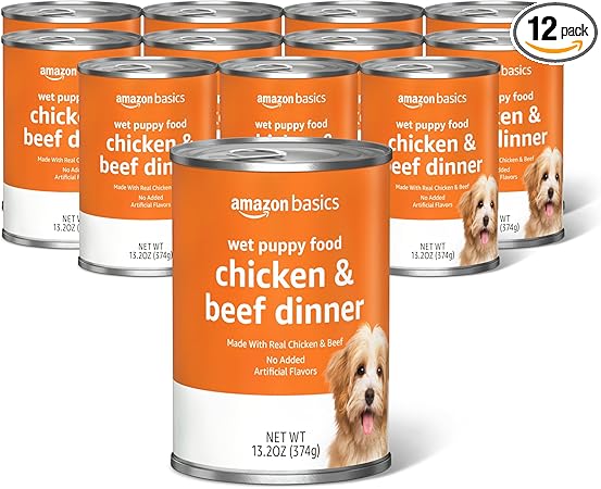 Amazon Basics Puppy Chopped Ground Dinner Canned Dog Food, with Chicken & Beef, 13.2oz (Pack of 12)