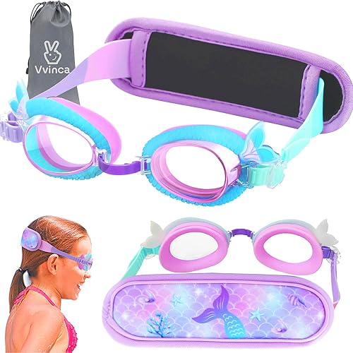 Vvinca Kids Swim Goggles with Fabric Strap No Tangle Pain-Free, Anti-Fog Swimming Pool Goggle No Leak for Toddlers Girls Boys