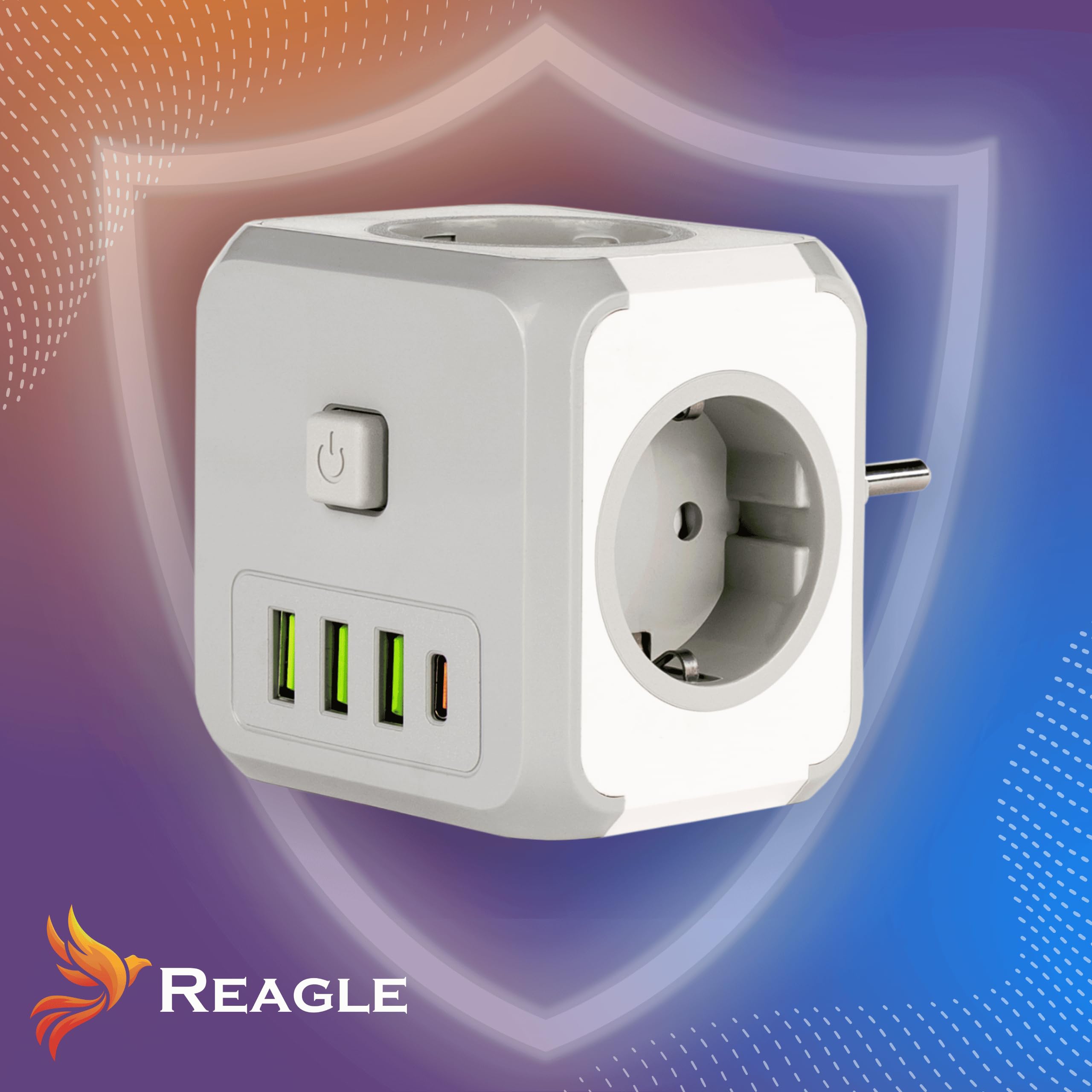 Reagle Listwa zasilająca bez kabla, 3 gniazda z kostką USB-A i USB-C, 2500 W, z przełącznikiem, listwa zasilająca Powercube do biura, domu, podróży