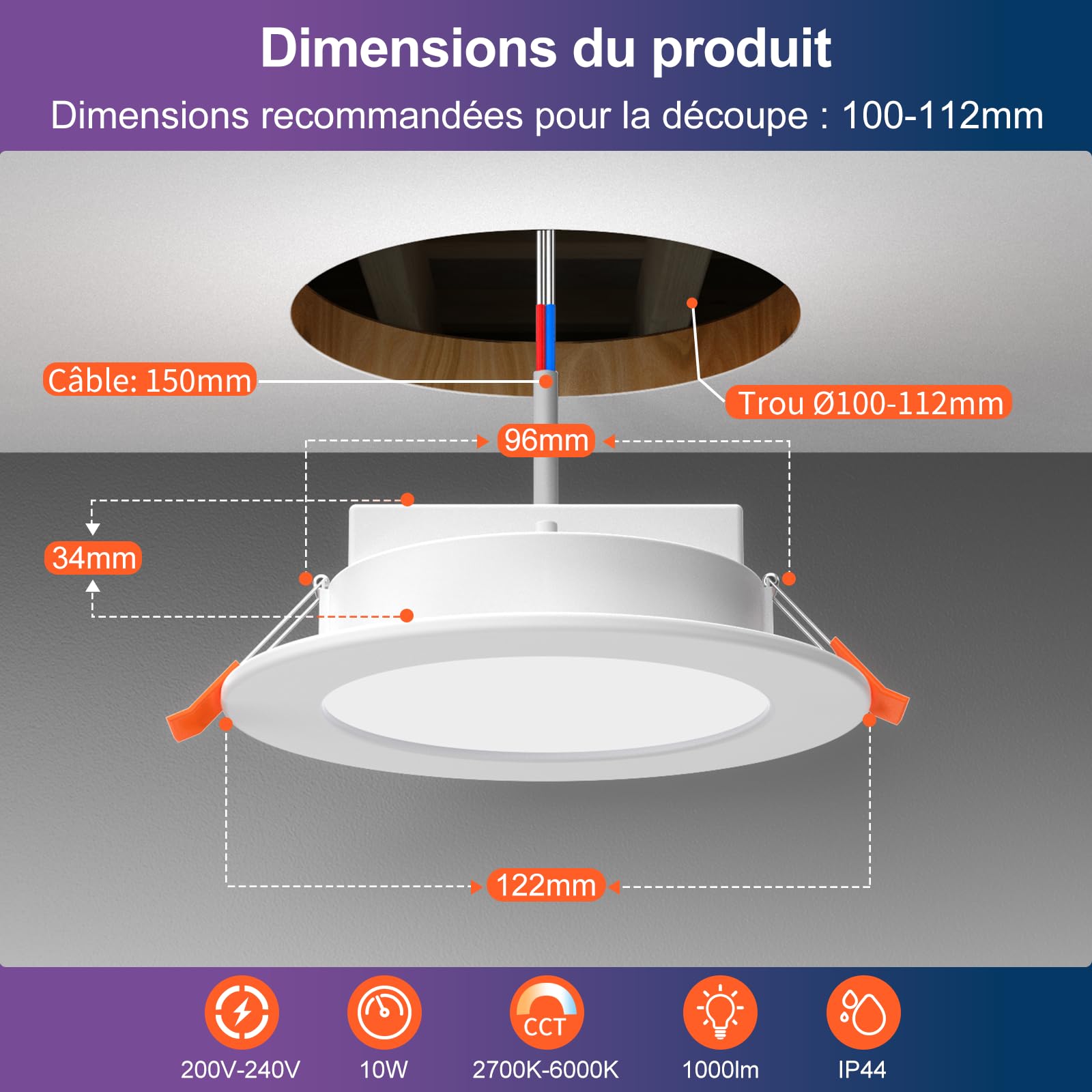 DUSKTEC Spot Led Encastrable Connectée Alexa, 220V Spot LED Extra Plat Intensité Variable Blanc Réglable 2700K-6000K 10W, Spot Encastré Dimmable Bluetooth, Éclairage Encastré Salle de Bain, Lot de 6