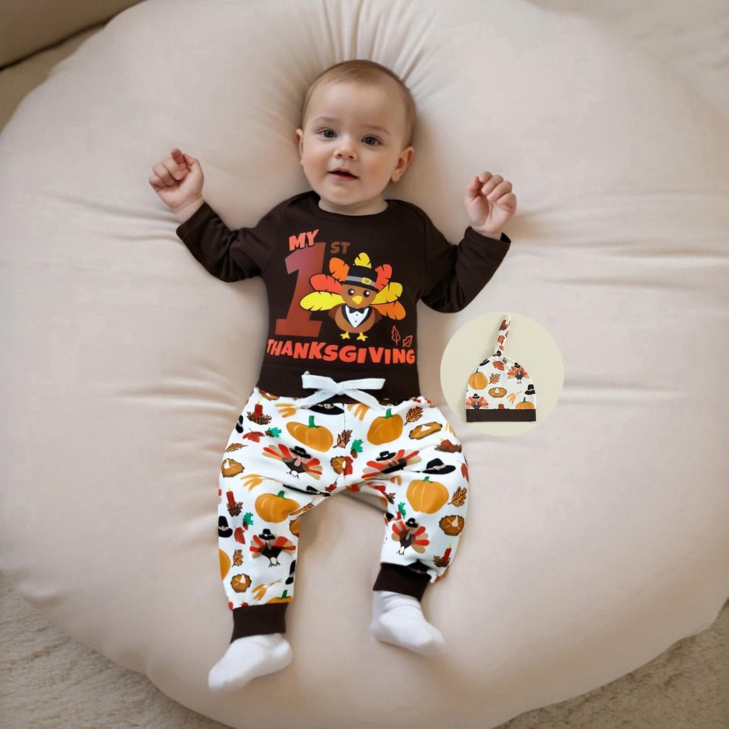 My 1st Thanksgiving Baby Boy Outfit Turkey Print Long Sleeve Romper Elastic Waist Pants Hat Set 3 Piece Fall Clothes - Image 2