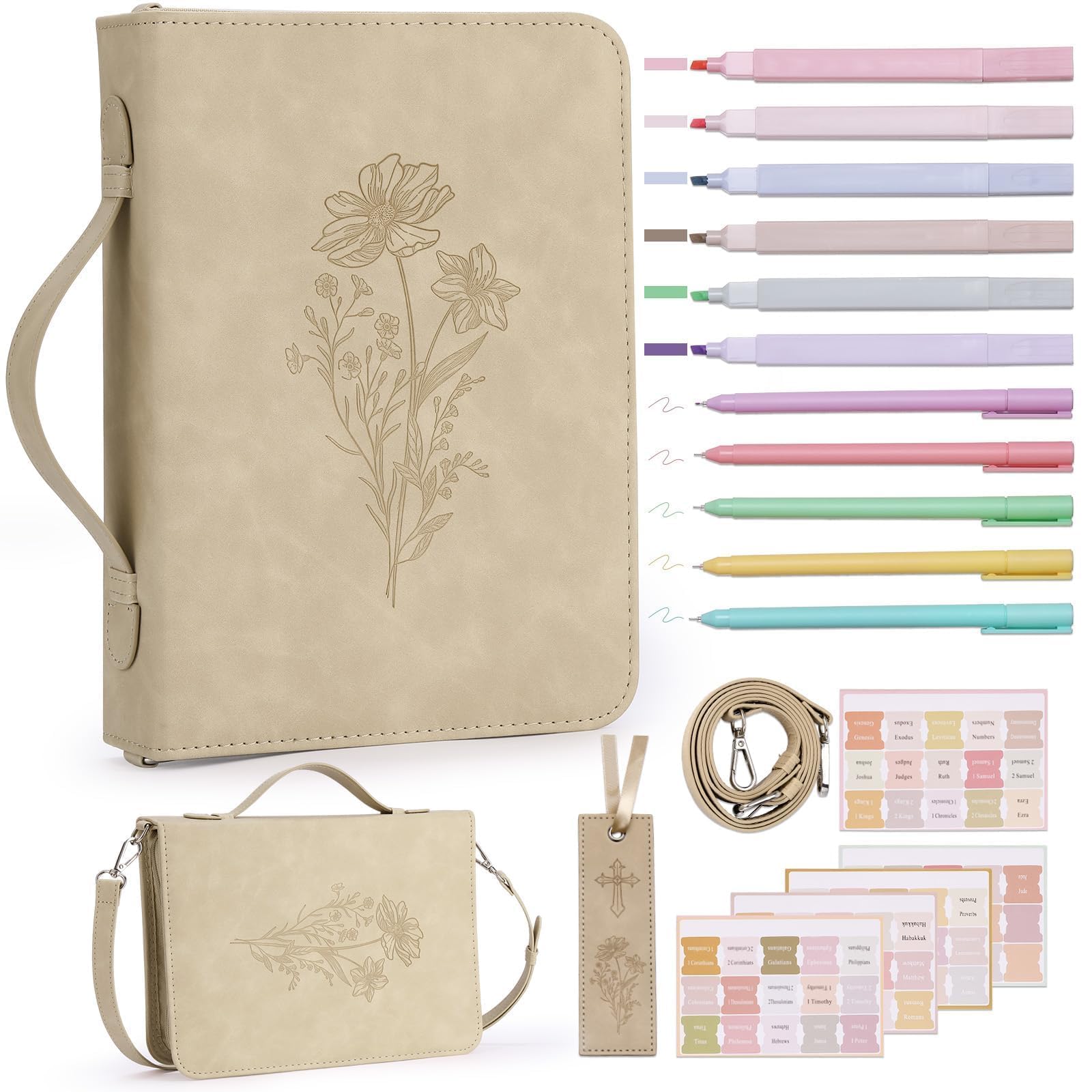 19PCS Floral Khaki Leather Bible Cover for Women Bible Cover Cases for Teen Girls Christmas Gift Christian Bags Journaling Kit with Shoulder Strap
