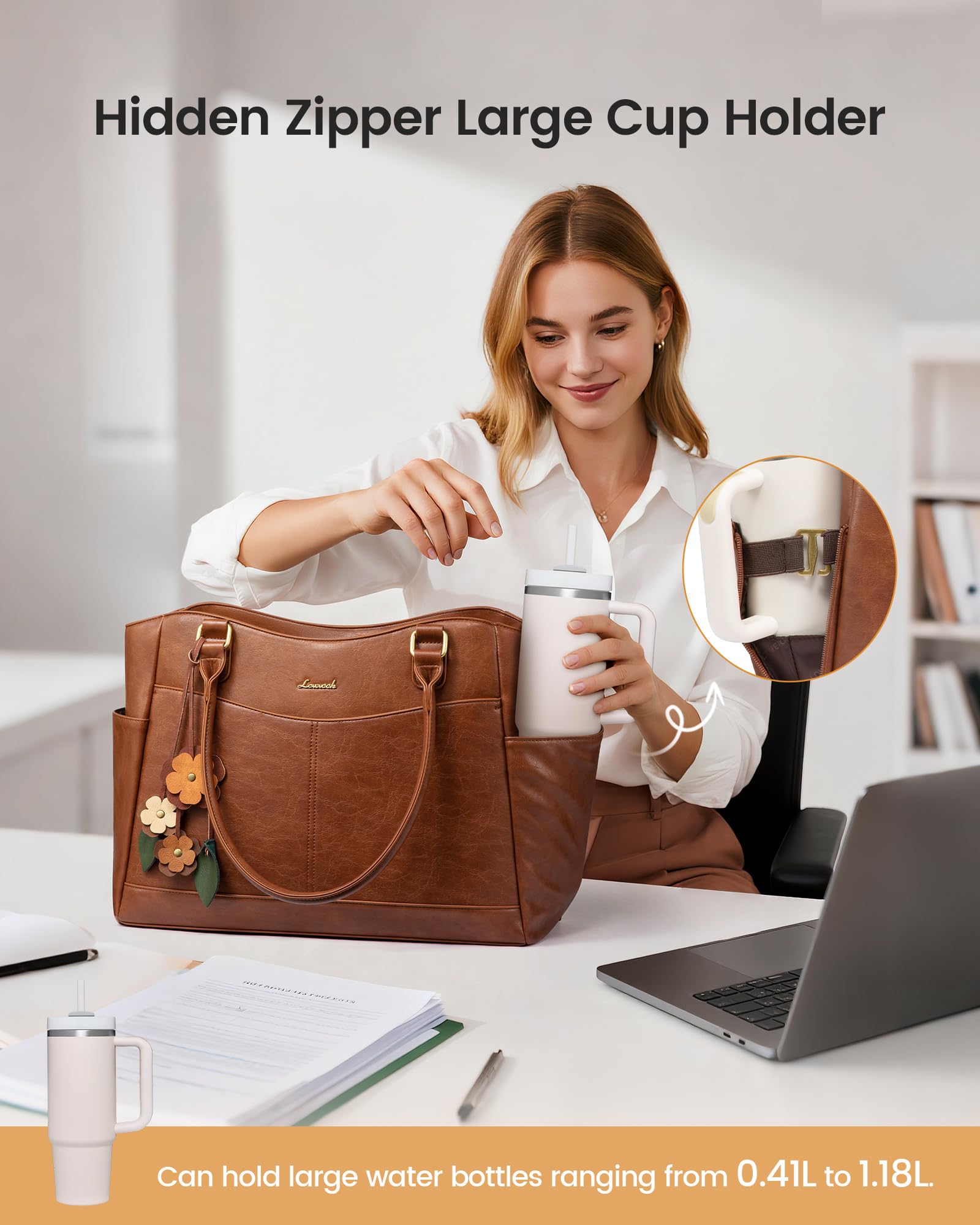 LOVEVOOK Damska torba na laptopa 15,6", torba robocza, torba na zakupy, torebka du偶a, elegancka torba nauczycielska, torba tote ze sk贸ry PU, torba szkolna, torba na laptopa z zawieszk膮 w kwiaty, do