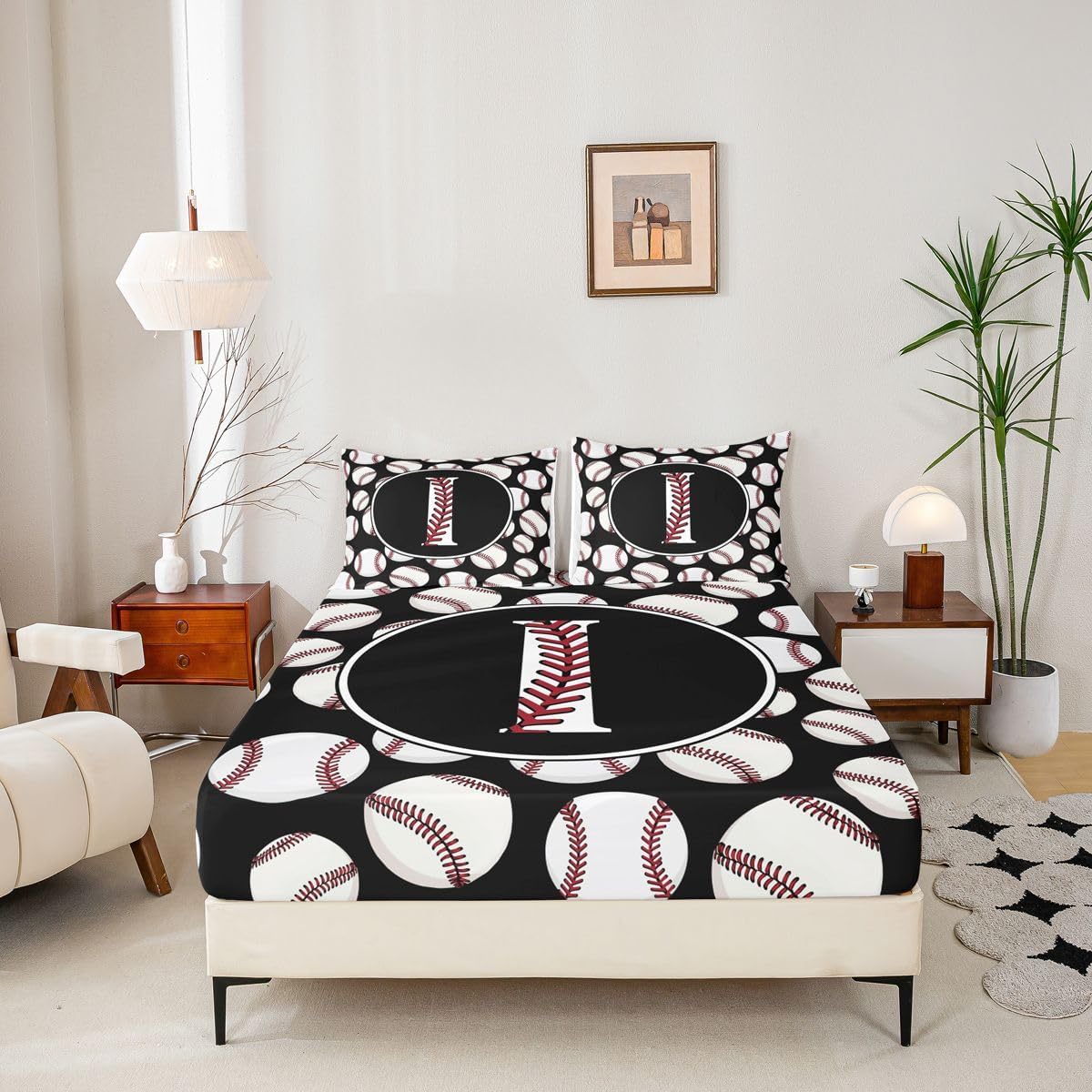 Erosebridal Alphabet Letter I Bed Sheets Full for Bedroom Decor - Sport Baseball Fitted Sheet Baseball Laces Personalized Initial Bedding Set,Cool Monogrammed Bed Cover 3 Pcs