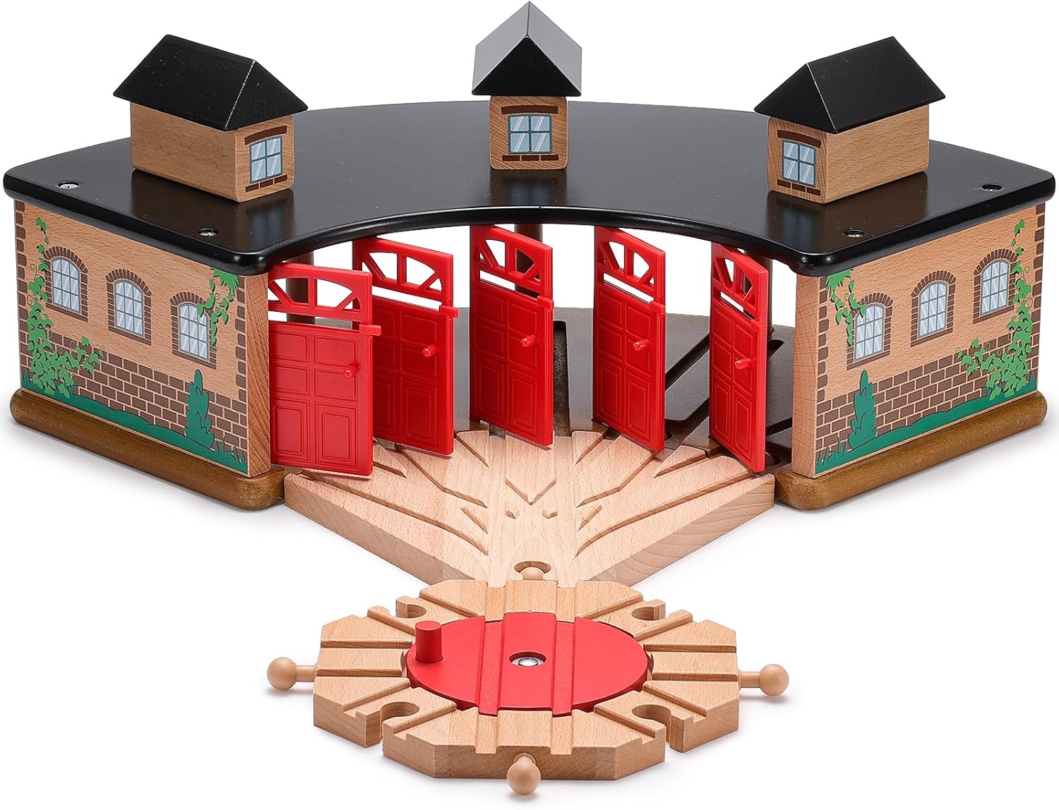 SainSmart Jr. Wooden Train Track with Grand Roundhouse - Railway Toy for Toddlers, Double-Side Tracks Compatible with All Major Brands - Wood Toy Train for Ages 3+
