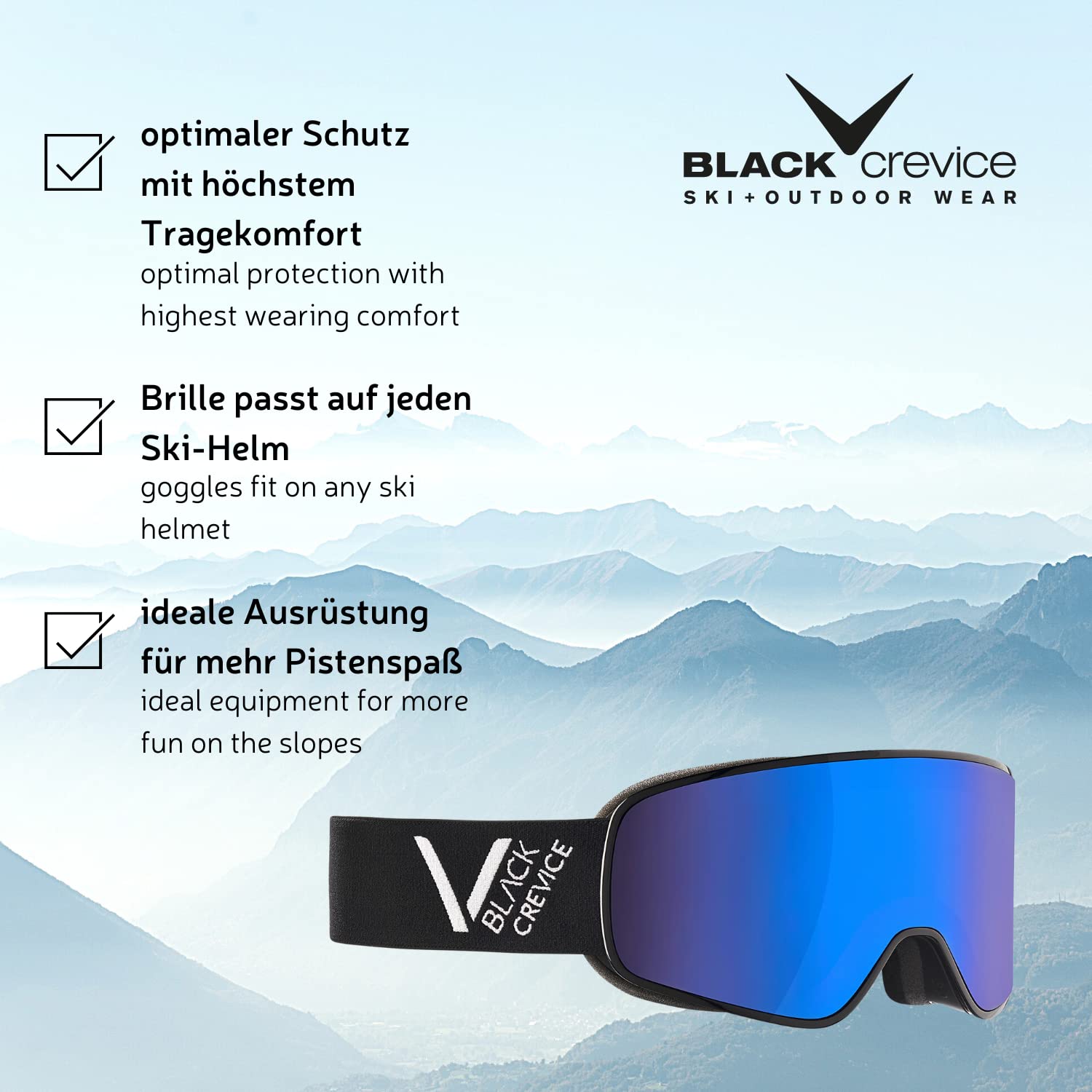 Black Crevice Skibrille Schladming I Ski-Brille in verschiedenen Farben I Skibrille Herren & Damen mit bruchfester Doppelscheibe I Anti-Fog-Beschichtung & UV 400 Schutz I größenverstellbar