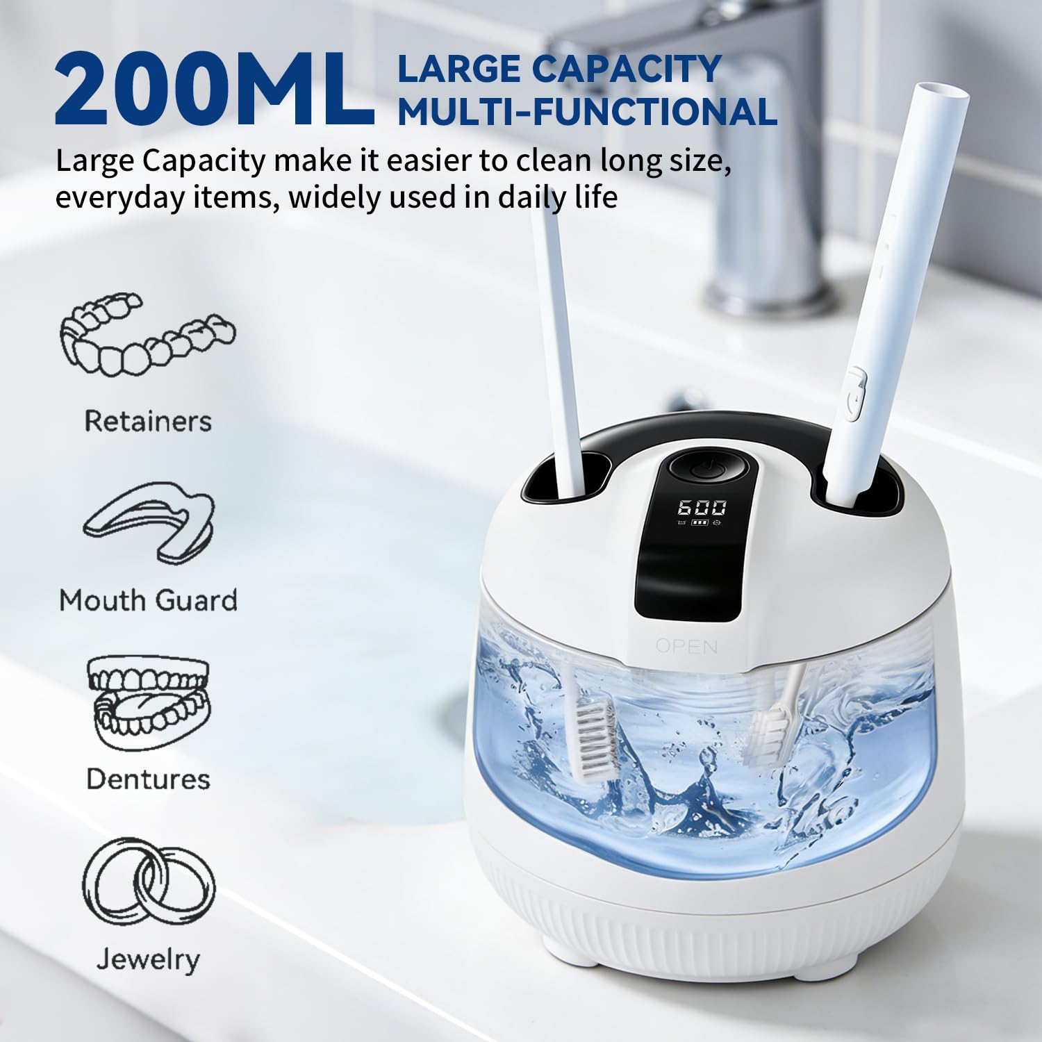 Máquina limpiadora ultrasónica dental de 48 kHz con temporizador digital y 200 ml, limpieza profunda para prótesis, protectores bucales, alineadores, protectores nocturnos, aparatos ortopédicos