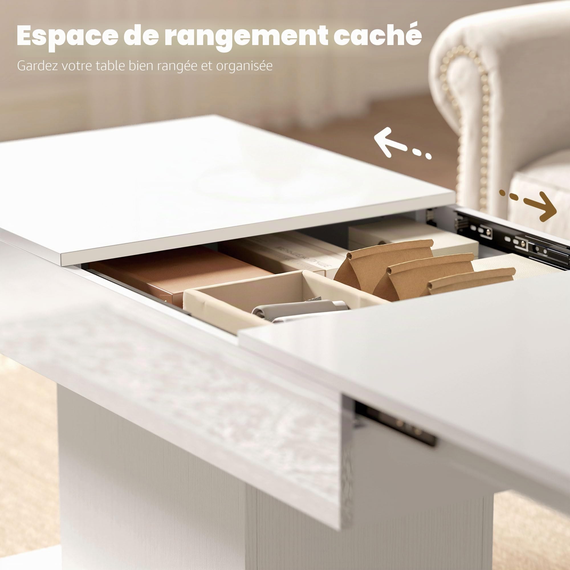 HOMCOM Table Basse Extensible 108-178,5x53x49 cm Blanc Brillant