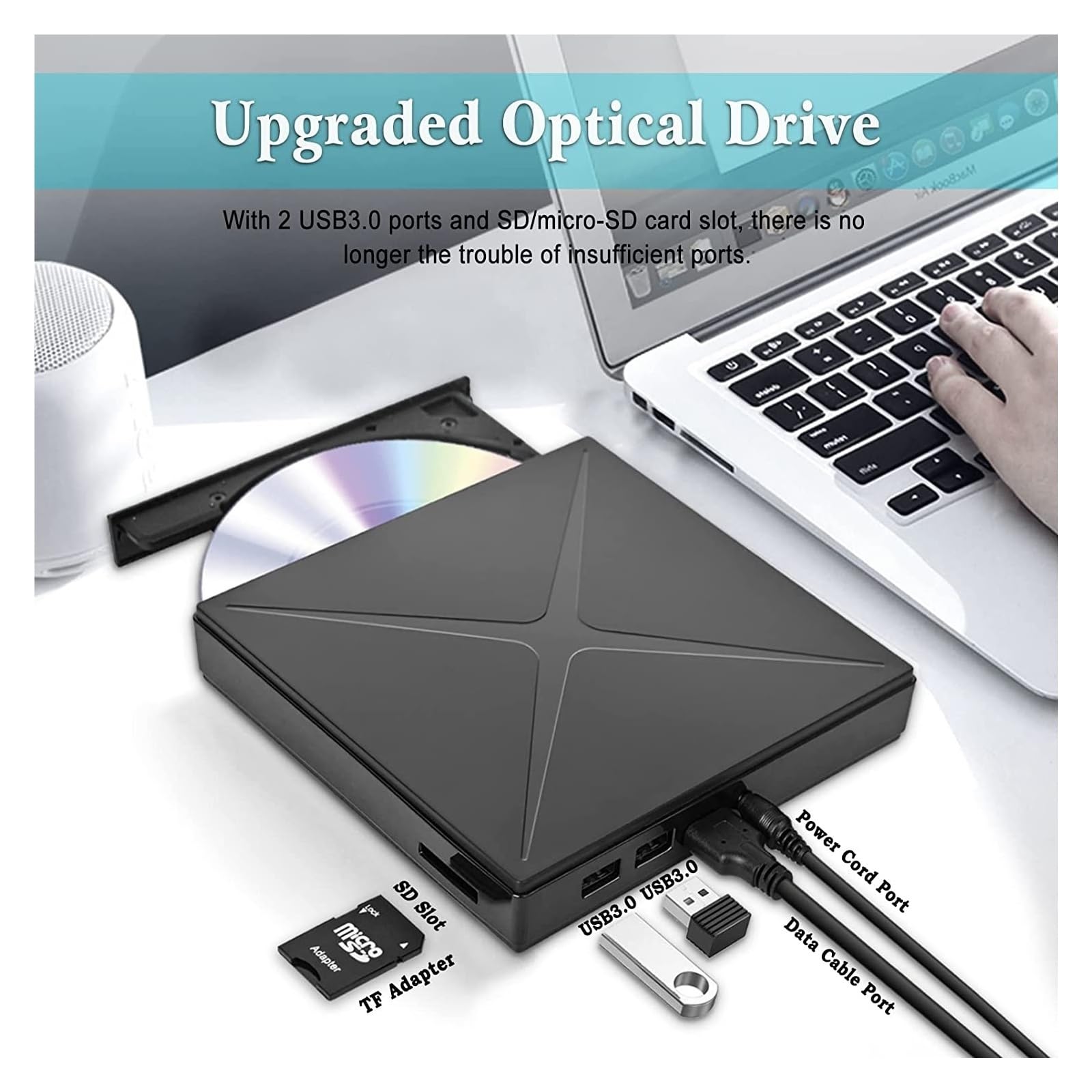 Lettore Dvd unità Ottica Esterna USB 3.0 unità CD Dvd +/ RW Portatile Lettore Dvd for Laptop Masterizzatore CD Rom con Porta USB Slot for Schede TF/SD